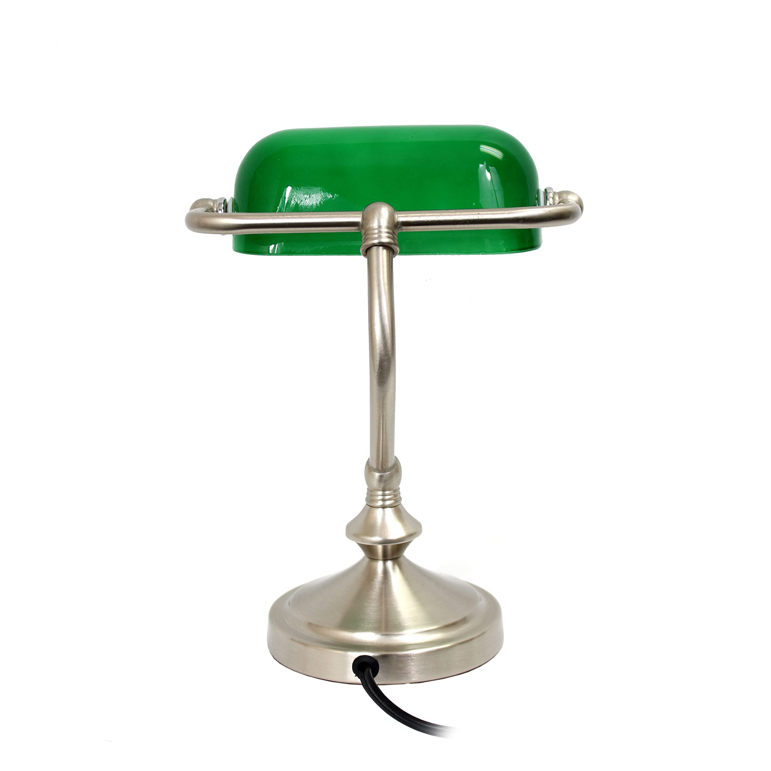 Simple Designs Mini Traditional Bankers Lamp, Brushed Nickel, Glass Shade, Green, Model LT3057-GRN