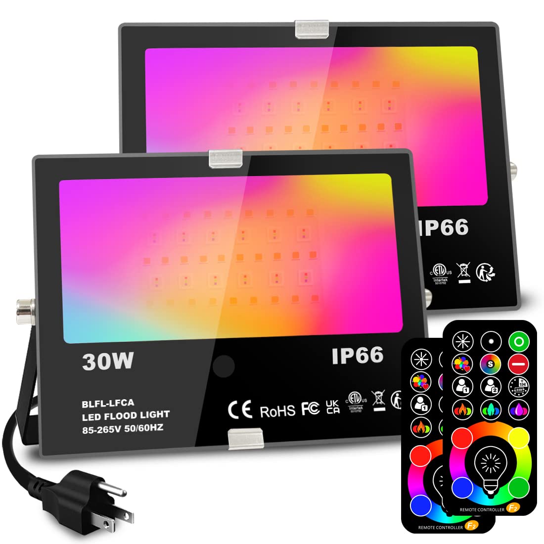MELPO 30W RGB LED Flood Light - Color Changing, Remote, 2 Pack, IP66, Aluminum, Warm White 2700K, Custom Mode