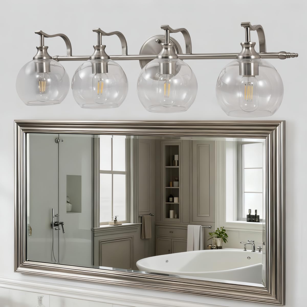 ANDY STAR Brushed Nickel Vanity Lights for Bathroom  4 Light Vanity Light Brushed Nickel  Farmhouse Vanity Lighting Fixtures  30.5 Inch Modern Silver Wall Sconce  E26 Base Bulbs Required  UL Certified