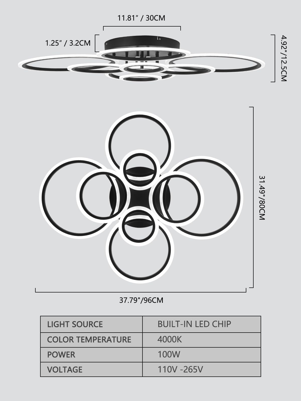 Vikaey 8-Light Modern LED Ceiling Light, Black Metal Flush Mount Fixture, 4000K for Living Room, Dining Room, Bedroom, Kitchen