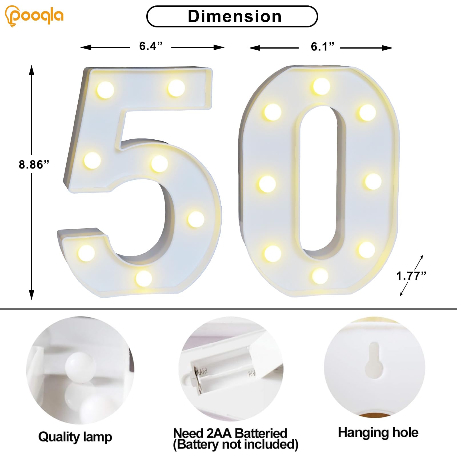 Pooqla LED Number 50 Sign for 50th Birthday Decoration, Cool & Warm White, Plastic, Model DENC-BP-01