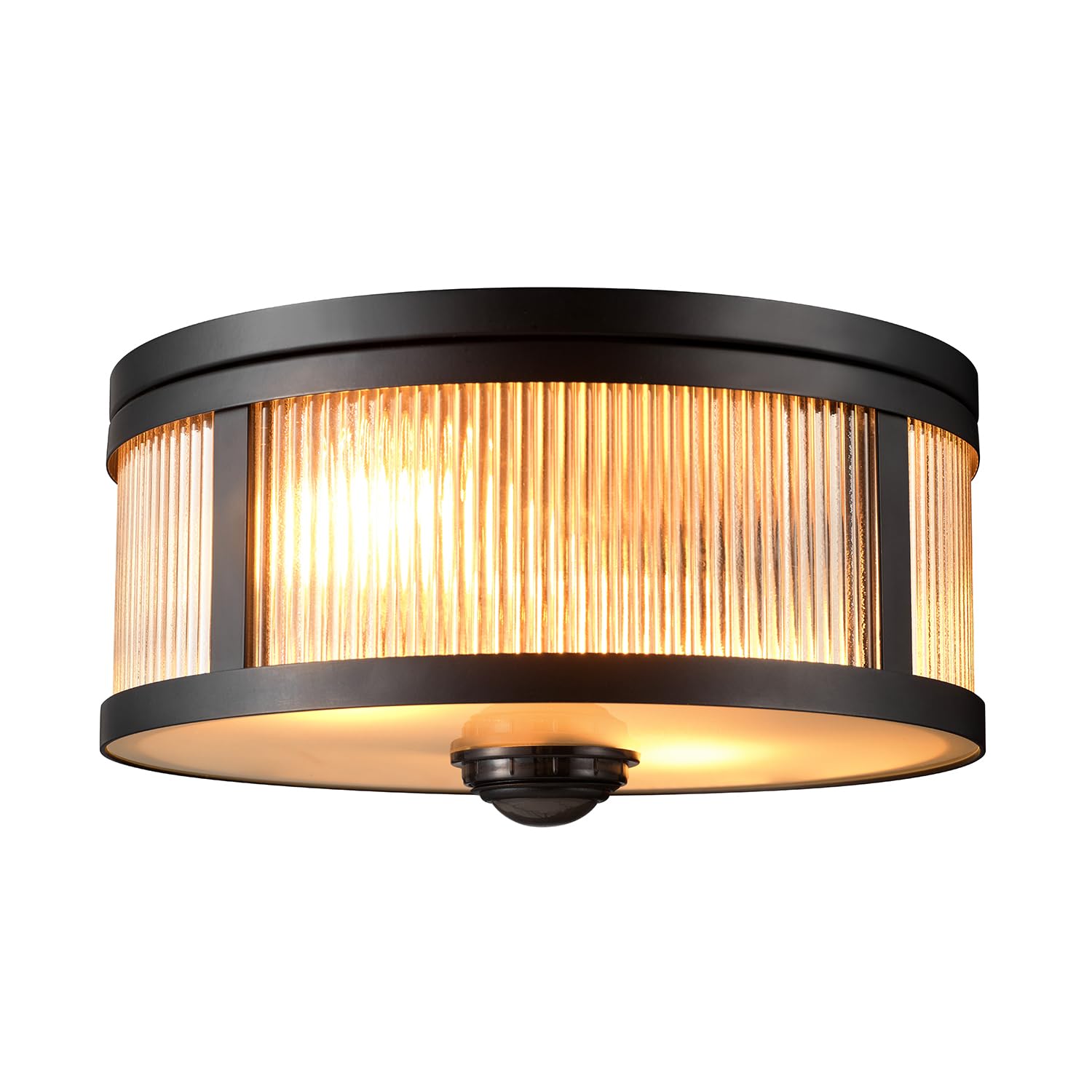 Globe Electric 60000123 2-Light Motion Activated Outdoor Flush Mount Ceiling Light, Matte Black, Ribbed Glass Shade, Frosted Len
