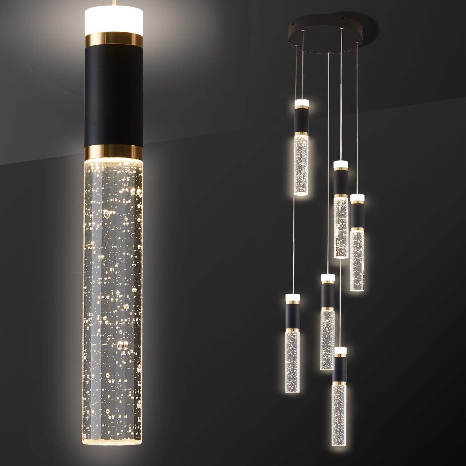 szcflaghip 6-Lights Led Chandelier  Black and Gold Crystal Modern Led Chandelier for Dining Room  Elegant Dimmable Enterway Led Pendant Lights Fixture with Remote Control Flush Mount