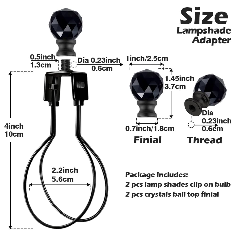 Asjeumt 2Pcs Lamp Shade Light Bulb Clip Adapter Kit, Black Lampshade Holder Adapter With Crystals Top Finial, No Harp Required, Clip On Bulb, Diy Replacement Repair Table & Floor Light Metal Parts