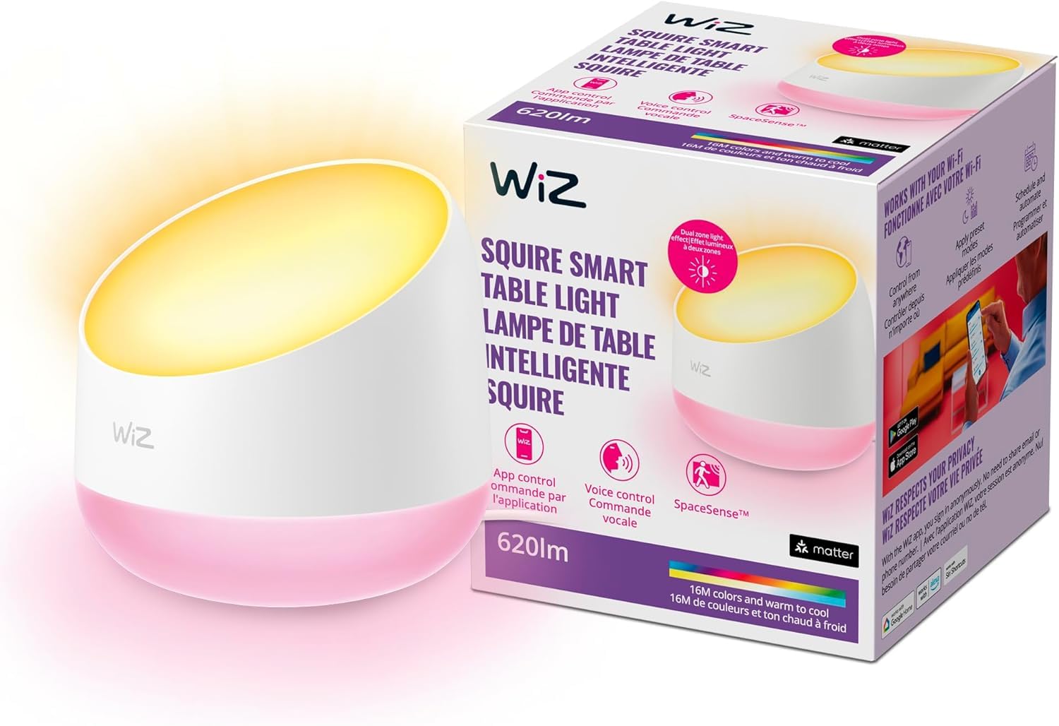 WiZ Connected Squire Smart Table Lamp, LED Color Changing Lights, Portable Table Light Connects to Wi-Fi, Control w/Voice or App