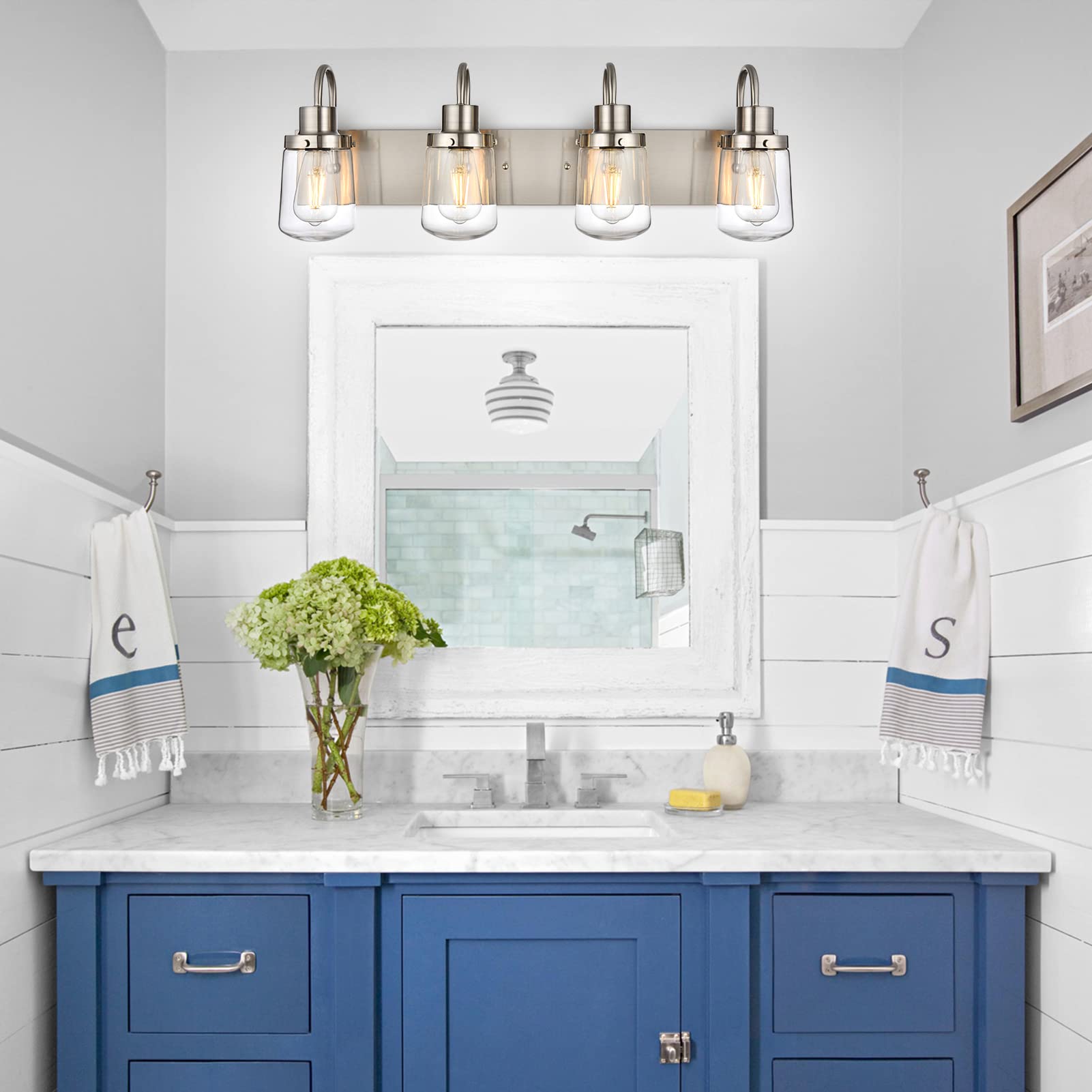 Yaohong 4-Light Modern Bathroom Vanity Light, Satin Nickel Farmhouse Fixture With Glass Shades