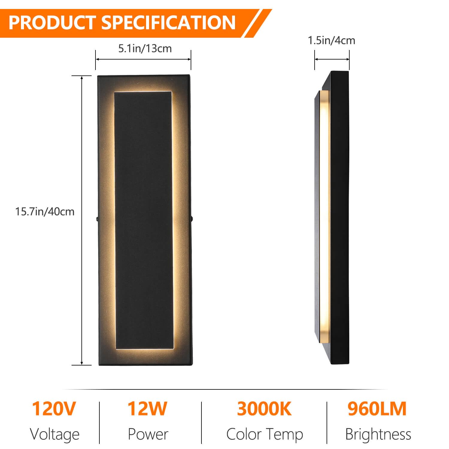 Tewei Modern Led Outdoor Wall Light - Black 15.7'' Sconce, Warm White 3000K, 360° Beam