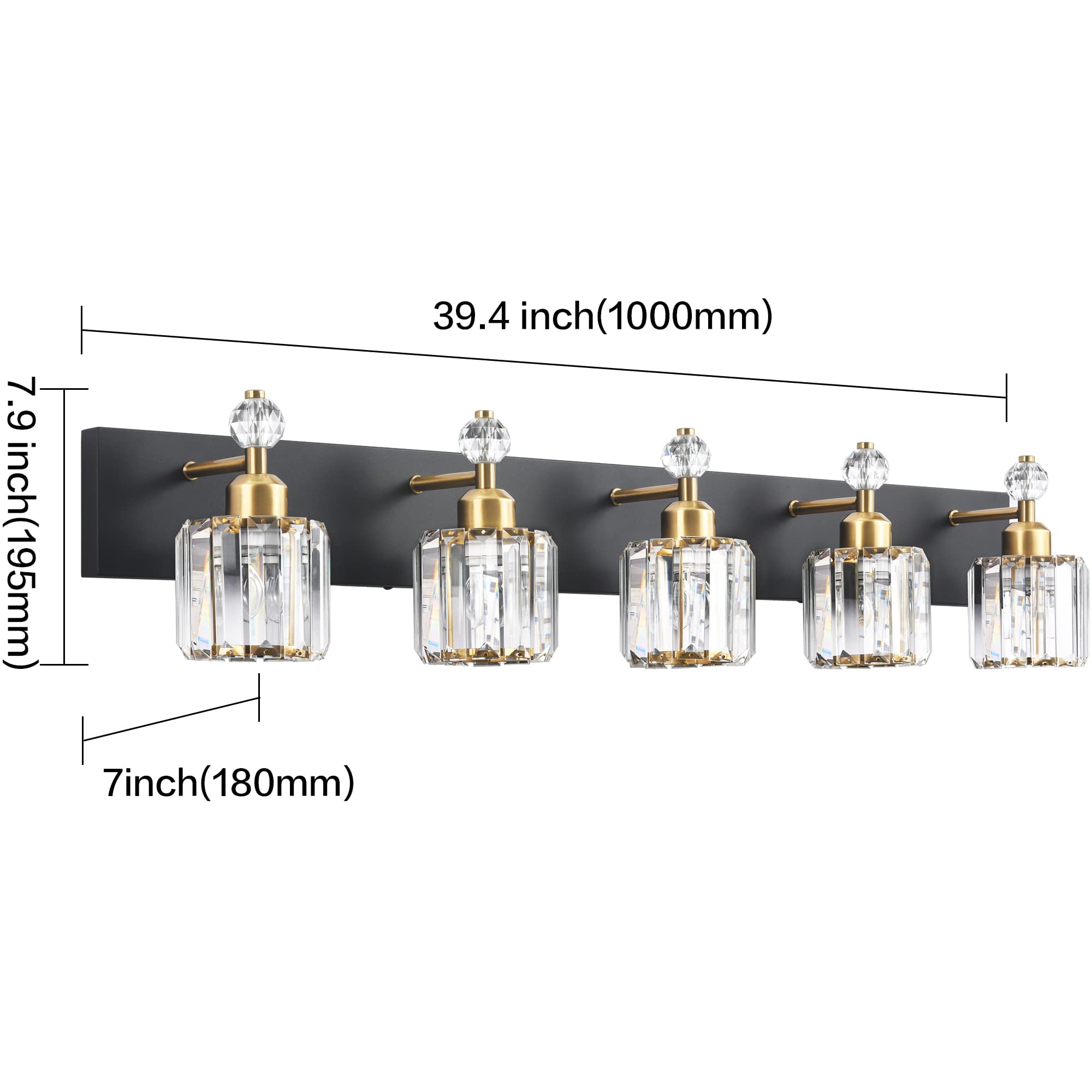 PRESDE Modern Black Crystal 5-Light Bathroom Vanity Light Fixture, Matte Black and Gold, Wall Sconce Over Mirror