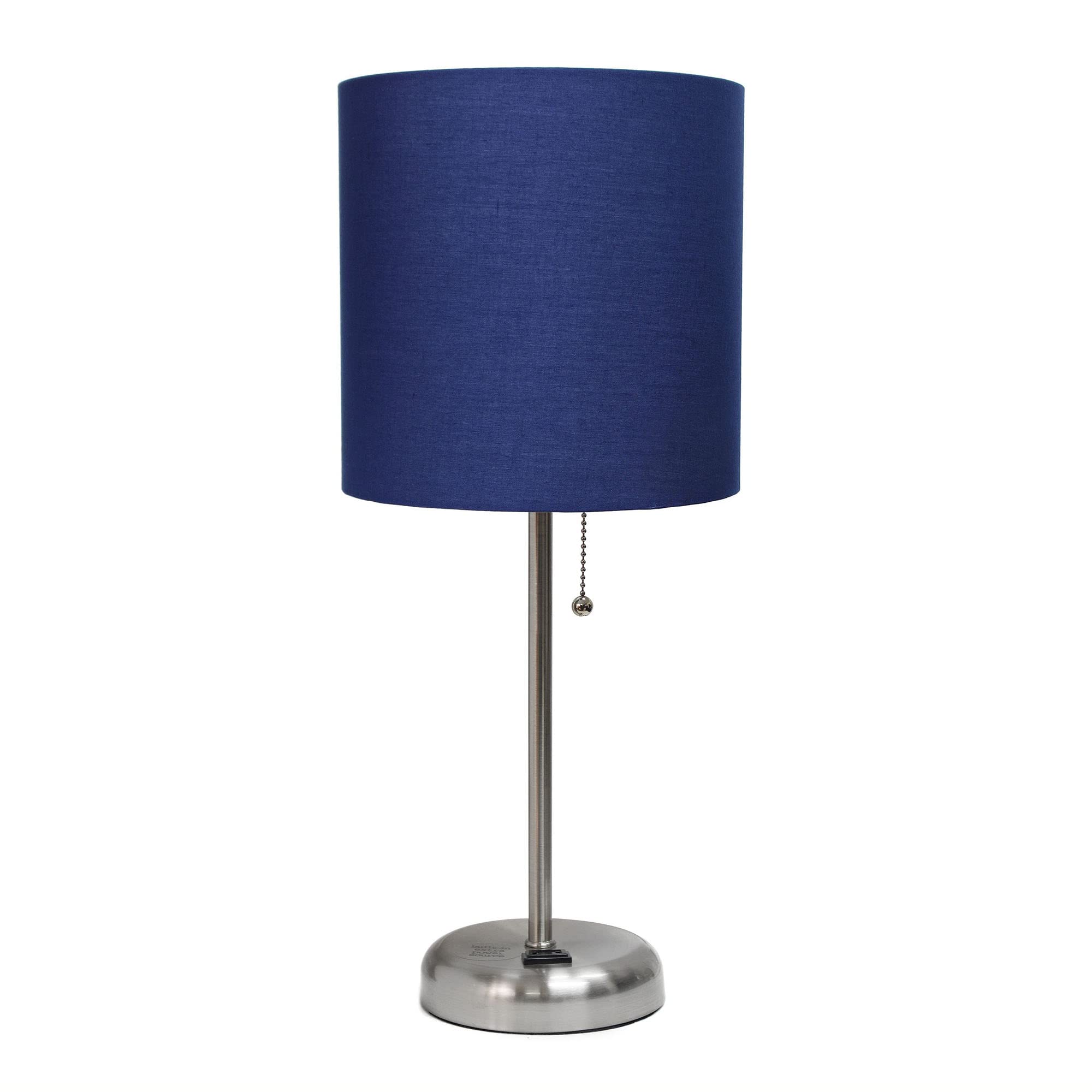 Creekwood Home Oslo 19.5&quot; Metal Table Lamp, Brushed Steel & Navy Blue Drum Shade