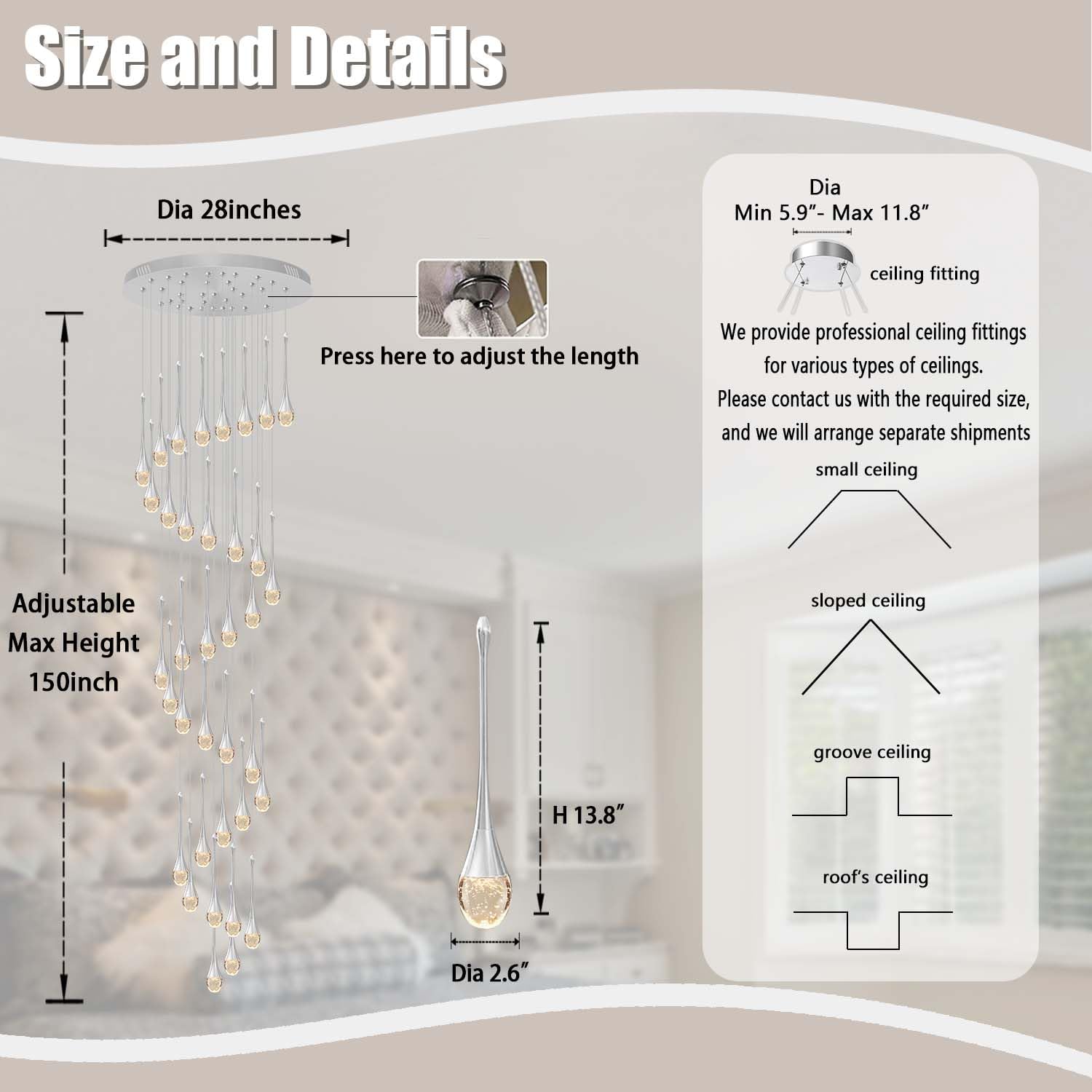 Ykolupty 150In High Ceiling Chandelier For Foyer Entrance 36-Light Crystal Silver Chandelier Light Fixture Large Ceiling Light For Living Room Staircase Hallway Dining Room