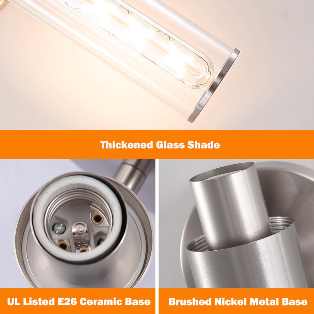 Brushed Nickel Bathroom Sconces Set Of 2  Modern Wall Sconce Lighting With Clear Glass  Harded Wired Wall Sconces Set Of Two  Wall Light Fixtures Over Mirror  Sconces Wall Lighting For Laundry  Porch