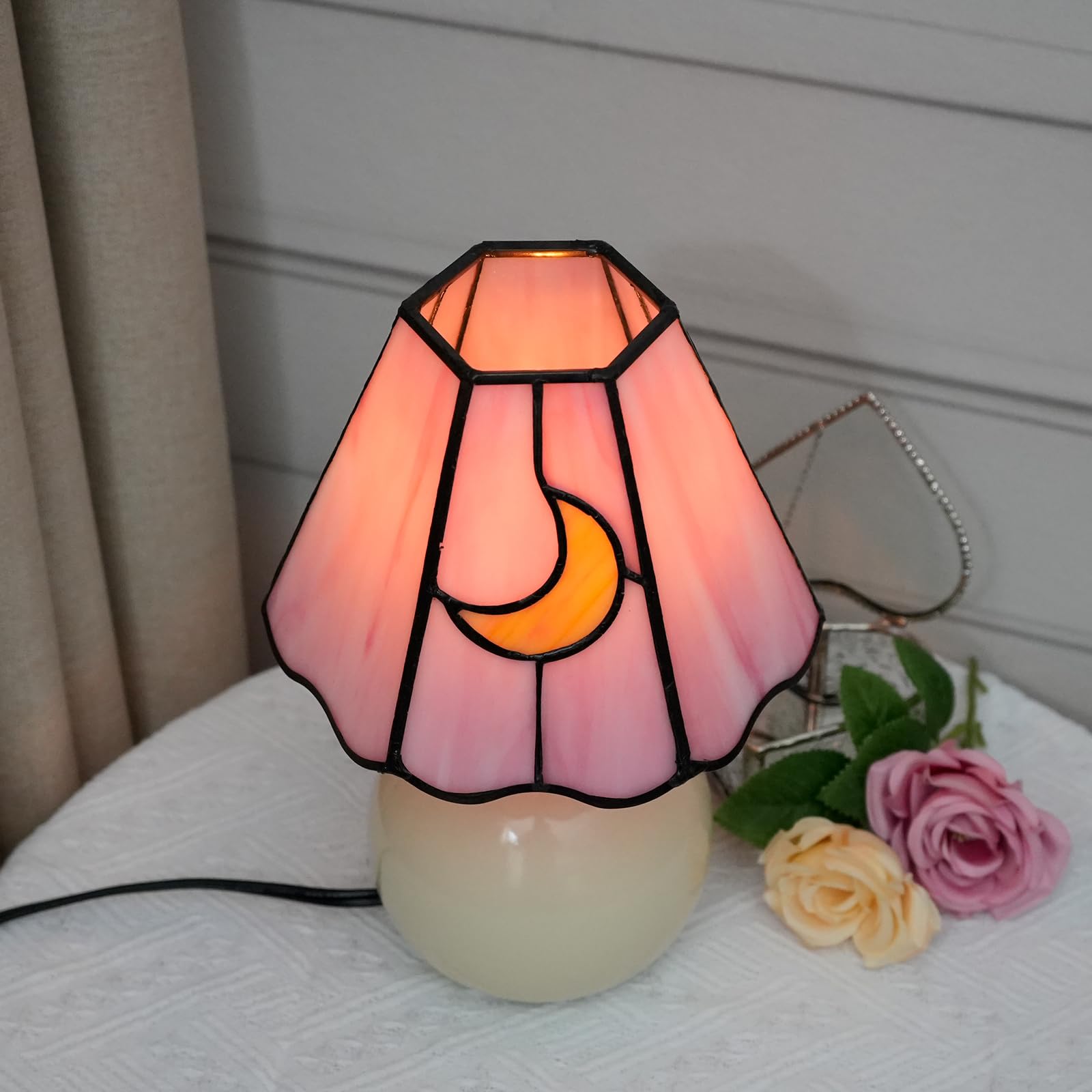 KIPHEPI Mushroom Lamp - Stained Glass Moon Lamp, Pink Cute Nightstand Table Lamp, E26 Bulb Included, Model OFU1145