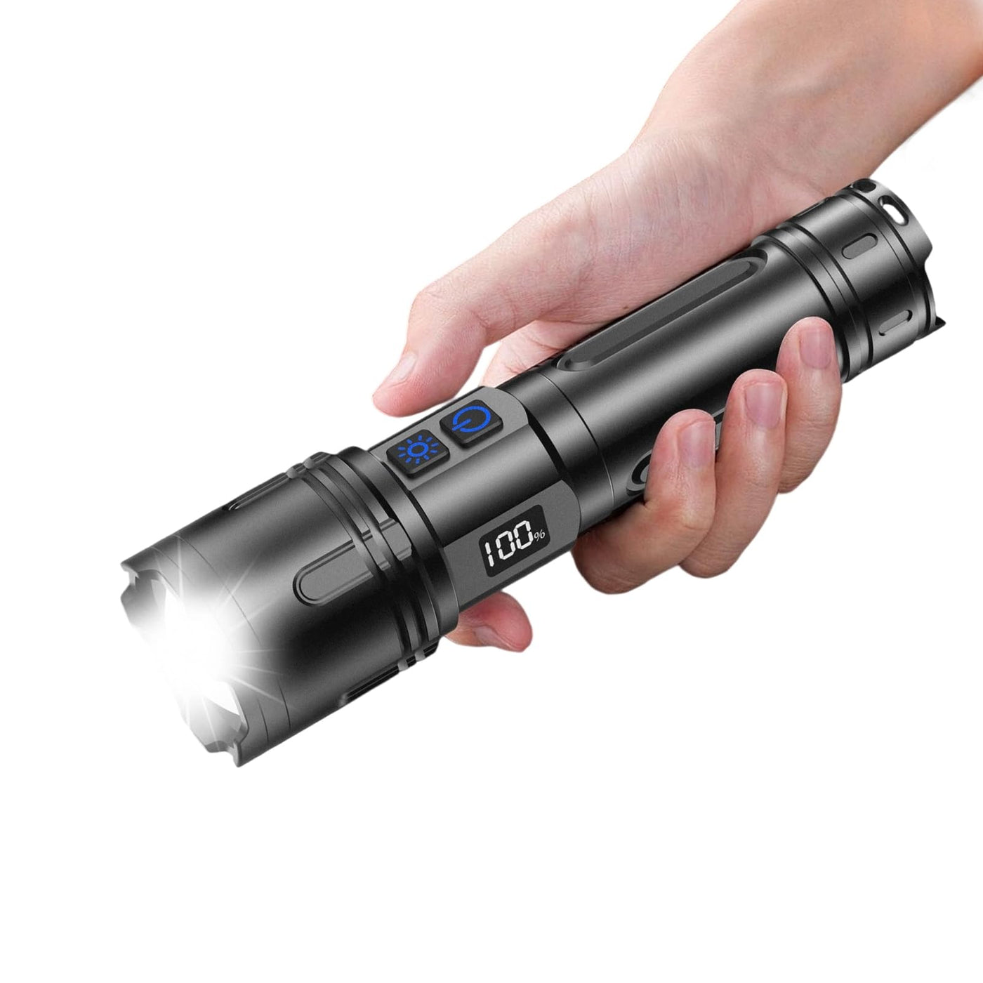 brightest flashlight rechargeable battery Relybo Rechargeable LED Flashlight 100000 Lumens, Super Bright, Long Range 5000 FT, Aluminum, Black, Model Relybo-R227-US-2025