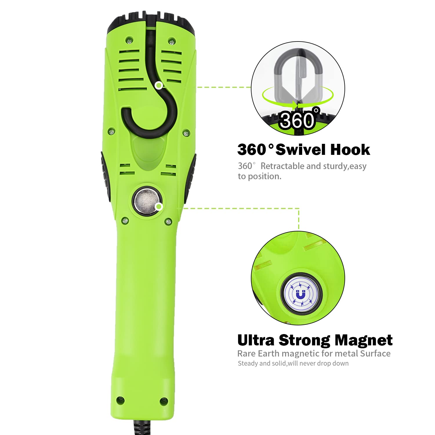 Ep 25 Ft Led Work Light, 1200 Lumen Cob Led Trouble Light - 16 Gauge Sjtw Indoor Outdoor Extension Cord, Handheld, Magnetic Base, Rotatable Hanging Hook - Green