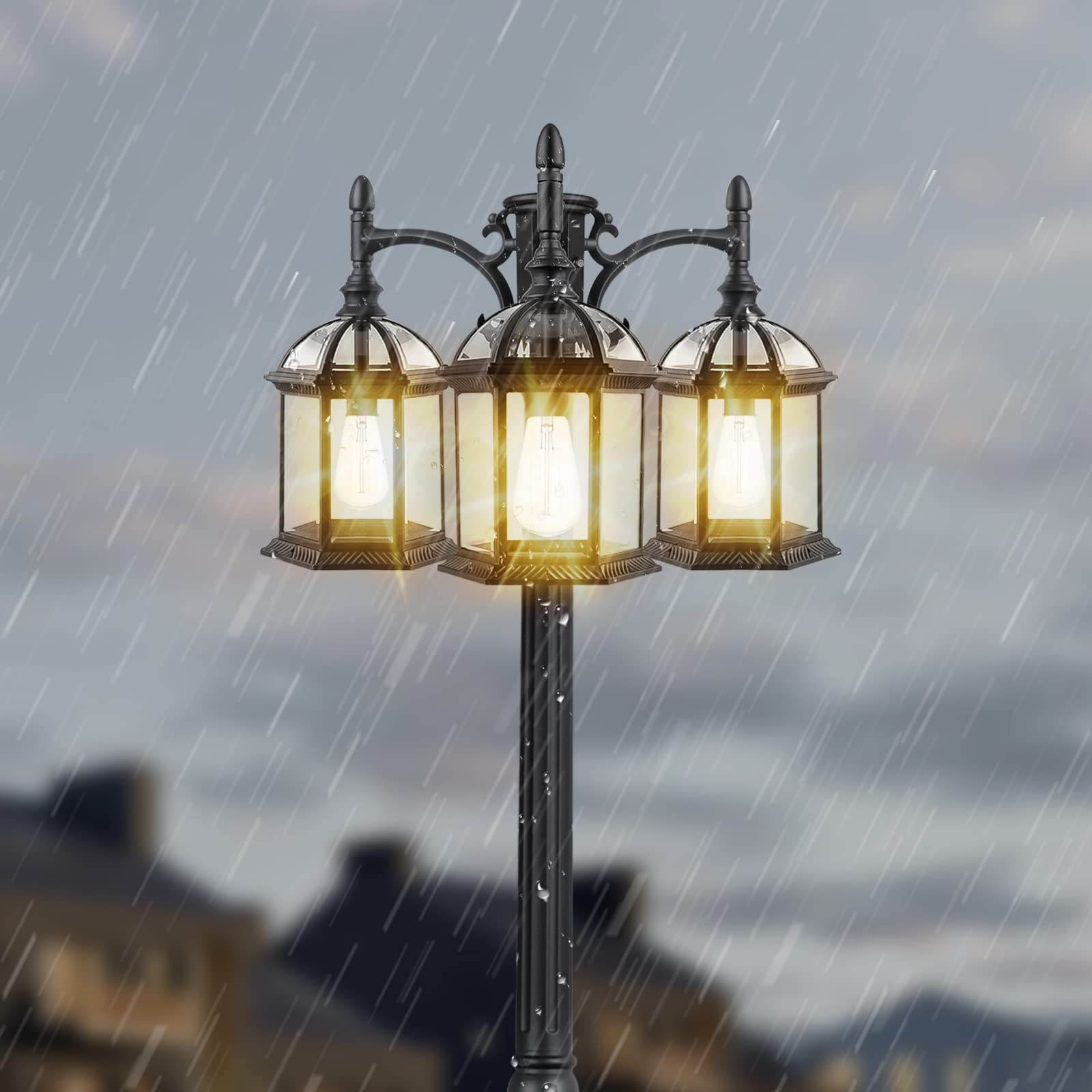 PARTPHONER Dusk to Dawn Outdoor Lamp Post Light, Triple Head Aluminum, Waterproof with Sensor, Model PA1201, Black