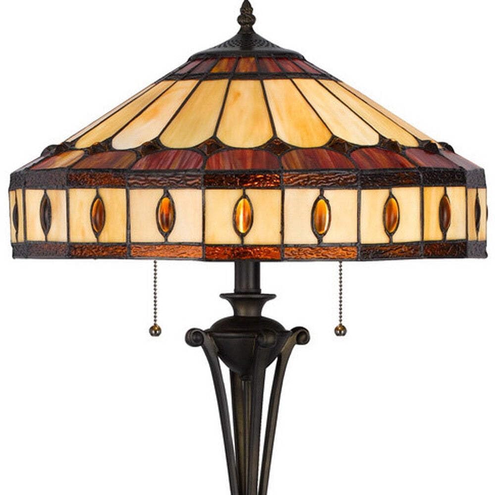 HomeRoots Two Light Floor Lamp with Purple & Ivory Abstract Tiffany Glass Shade, 61 in. Bronze Finish