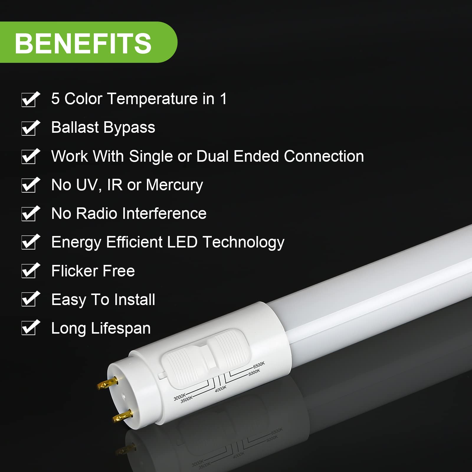 Hykolity 20 Pack LED T8 Ballast Bypass Light Tube, 18W, 5CCT Selectable, Frosted Cover, 2300lm, 120-277