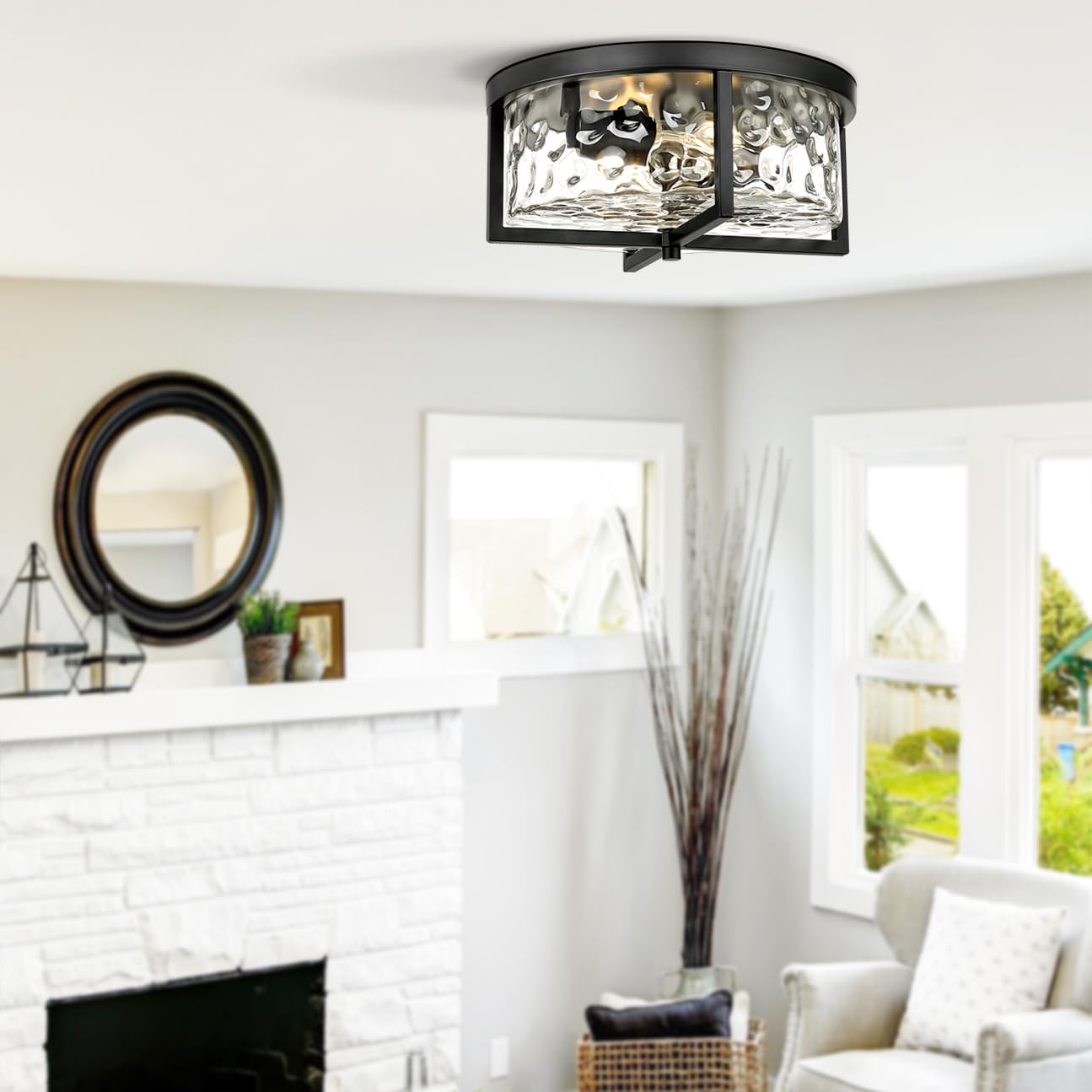 Odeums 13&quot; Hammered Glass Flush Mount Ceiling Light, Oil-Rubbed Bronze For Kitchen & Dining Room