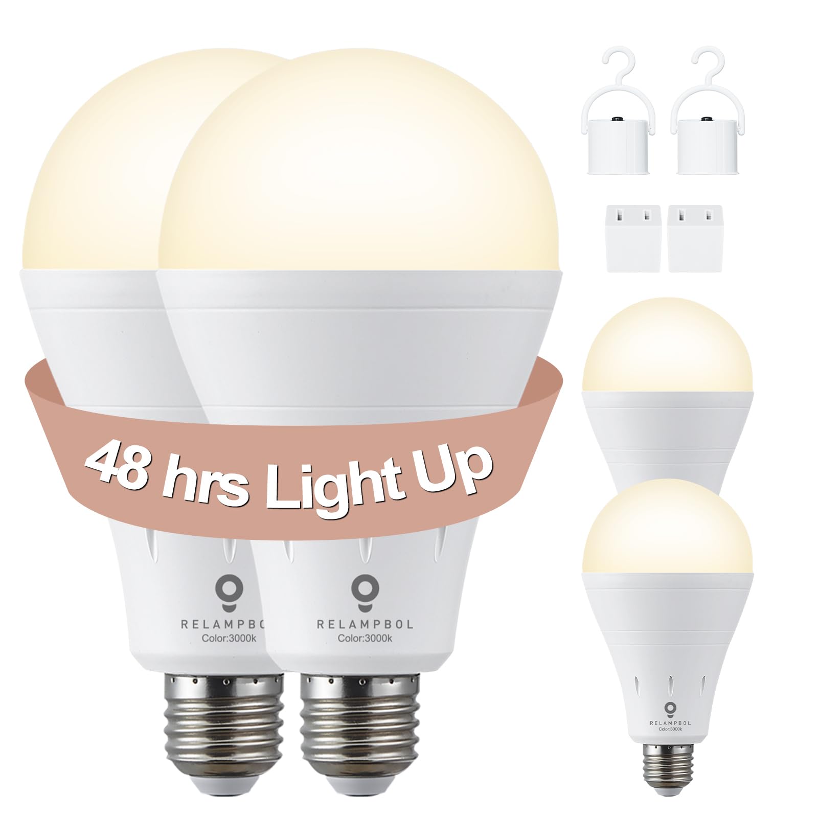 Relampbol 4 Pack Rechargeable Emergency Light Bulb Battery Operated Power Outage Light Led Dimmable Bulbs 3000K 9W 120V 800Lumen