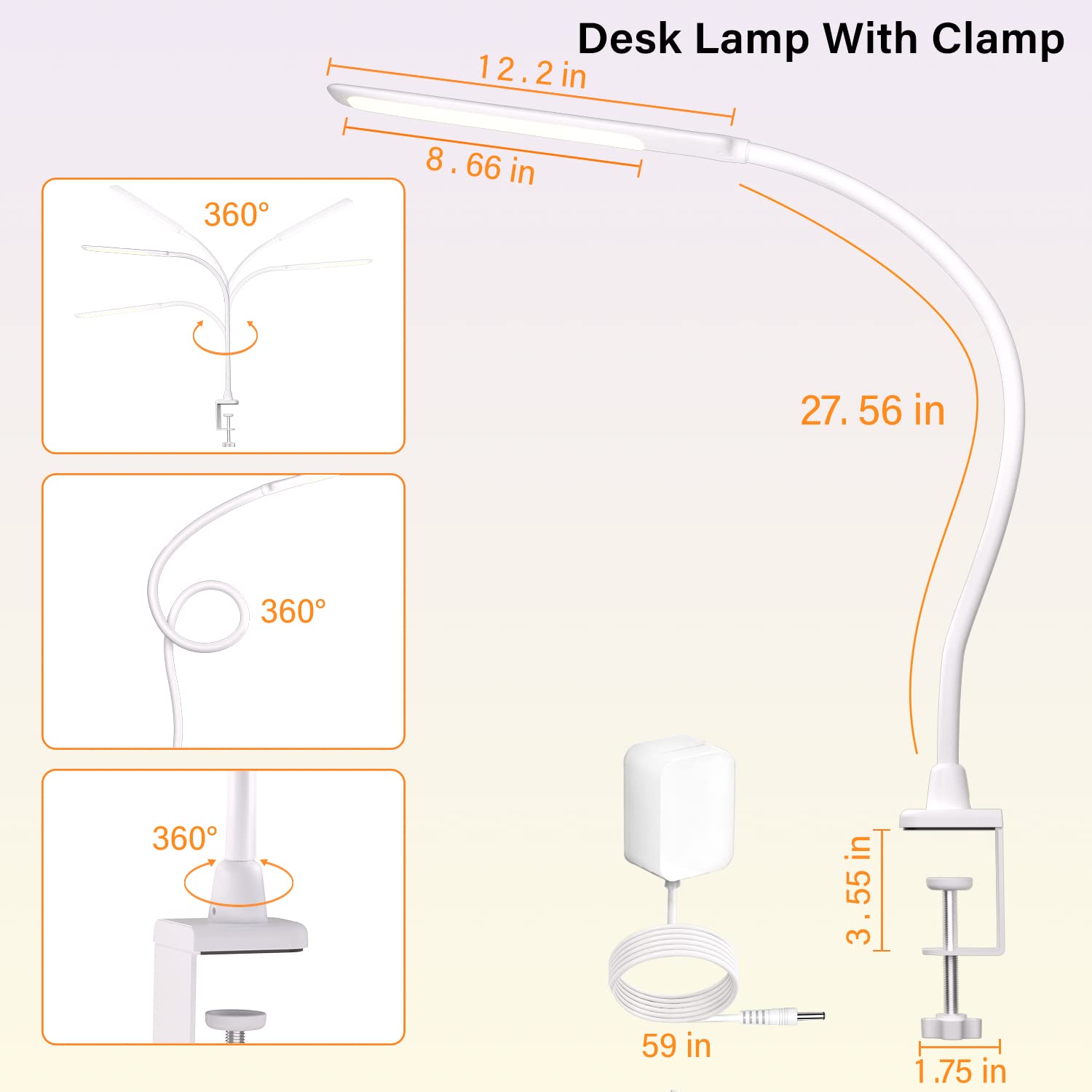 Hokone Led Desk Lamp With Clamp, Gooseneck Touch Control, Dimmable, White