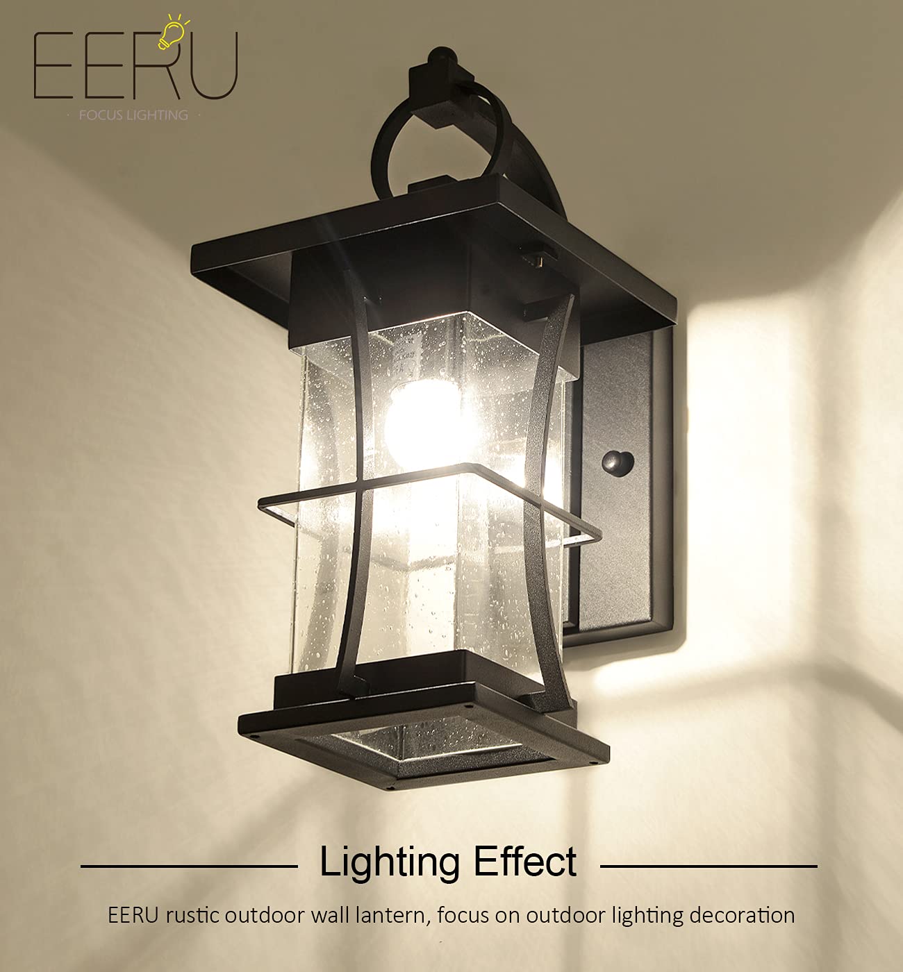 EERU Outdoor Wall Sconces - Waterproof Black Metal Lanterns with Clear Seeded Glass, Large Size for Porch & Patio