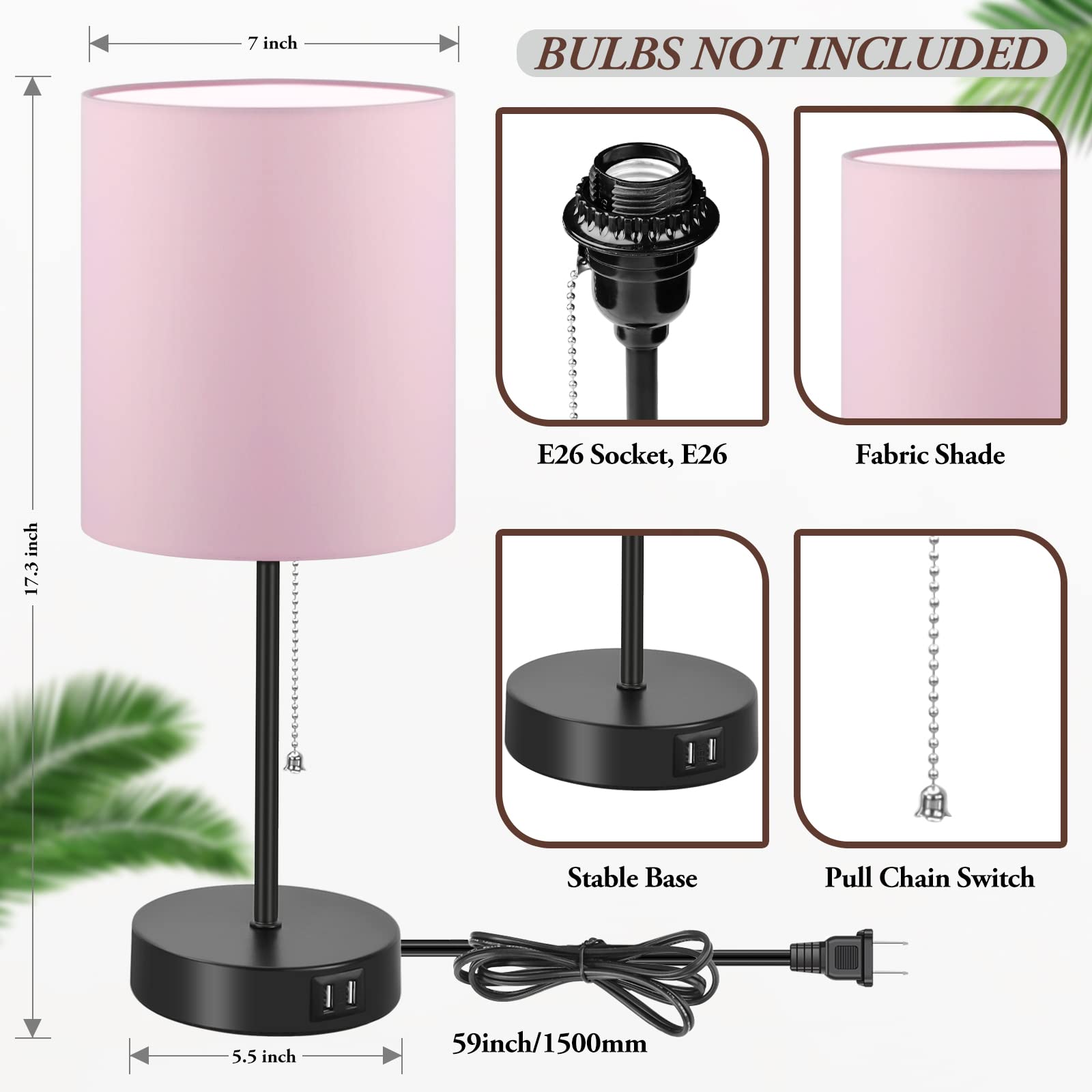 Table Lamps Set Of 2 With Usb Charging Ports, Pink Bedside Lamps With Ac Outlet, Nightstand Lamps With Pull Chain Switch, Minima
