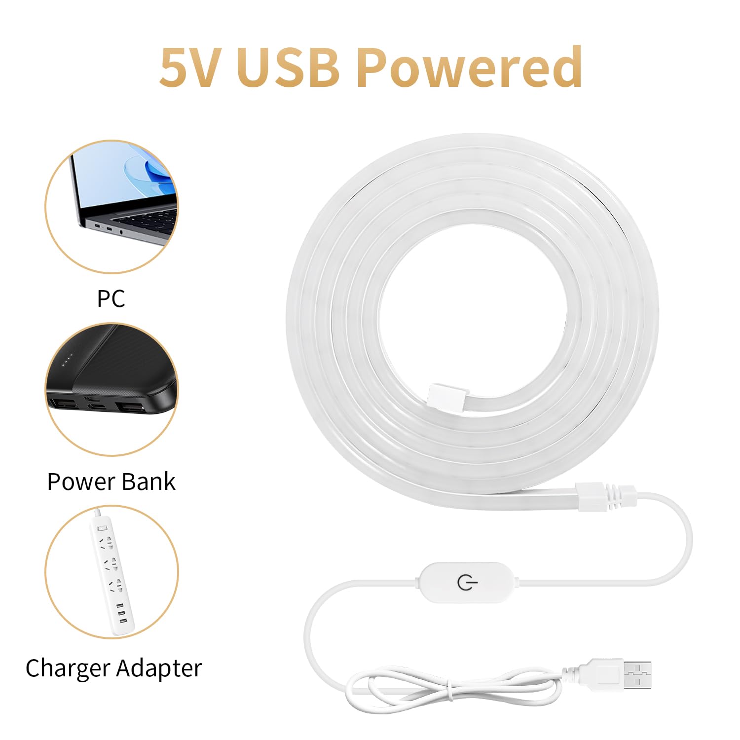 iNextStation USB LED Neon Strip Lights, Warm White, 6.6ft, Waterproof, Dimmable, Model 2812 30L/m