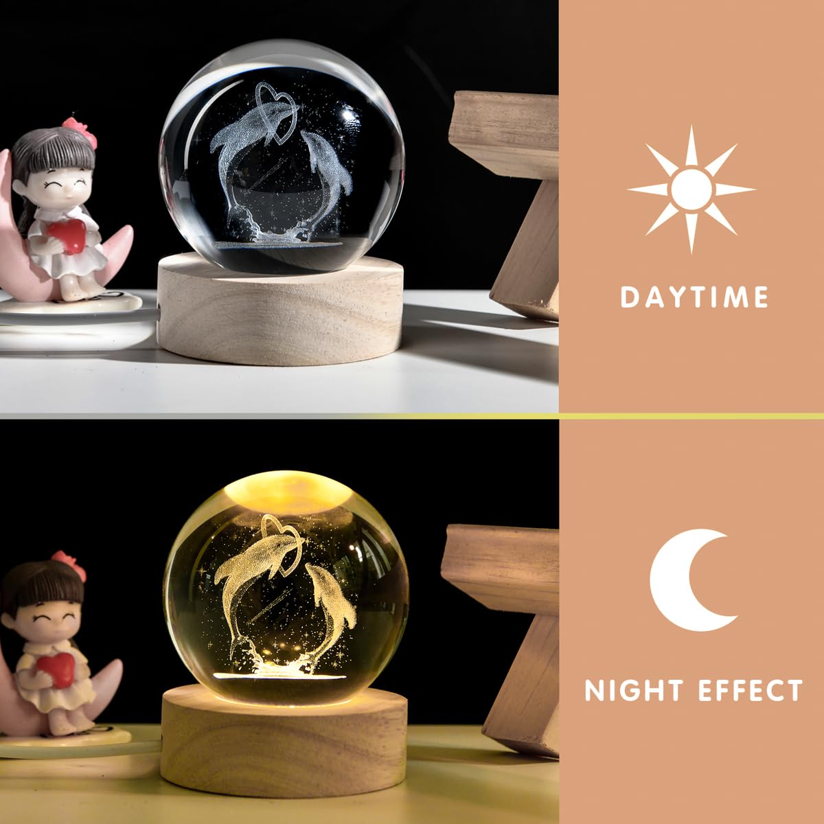 Qianchang 3D Dolphin Crystal Ball Night Light,Dolphin Figurine Lamp,Decorative Glass Sphere Ball Paperweight Crystal Sea Animal