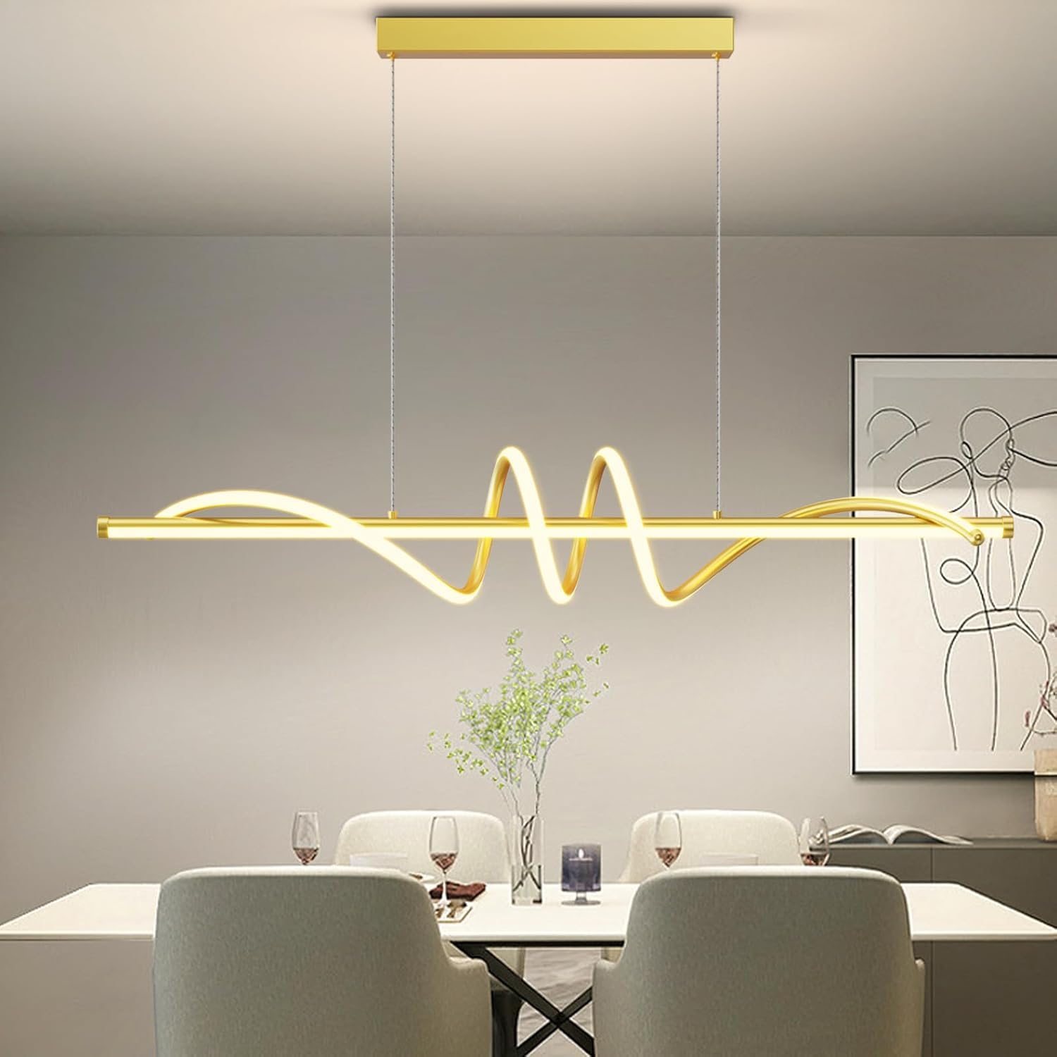 Zihoi LED Pendant Light, Dimmable with Remote, 3000K-6000K, 47in, Gold, Aluminum Chandelier for Kitchen and Dining Room