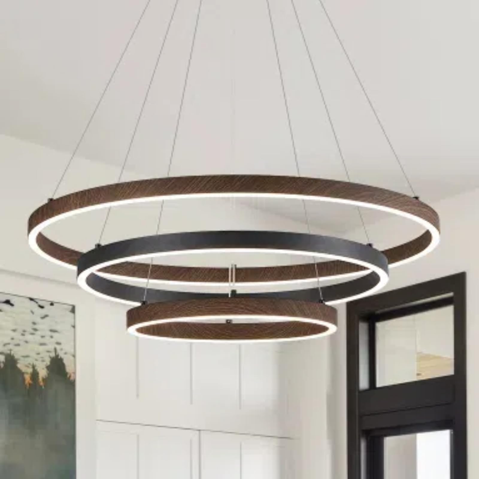 CaraLuxe LED Chandelier 3 Ring Pendant Light 75W Dimmable Black Walnut Wood 24in for Dining Room Living Room Kitchen