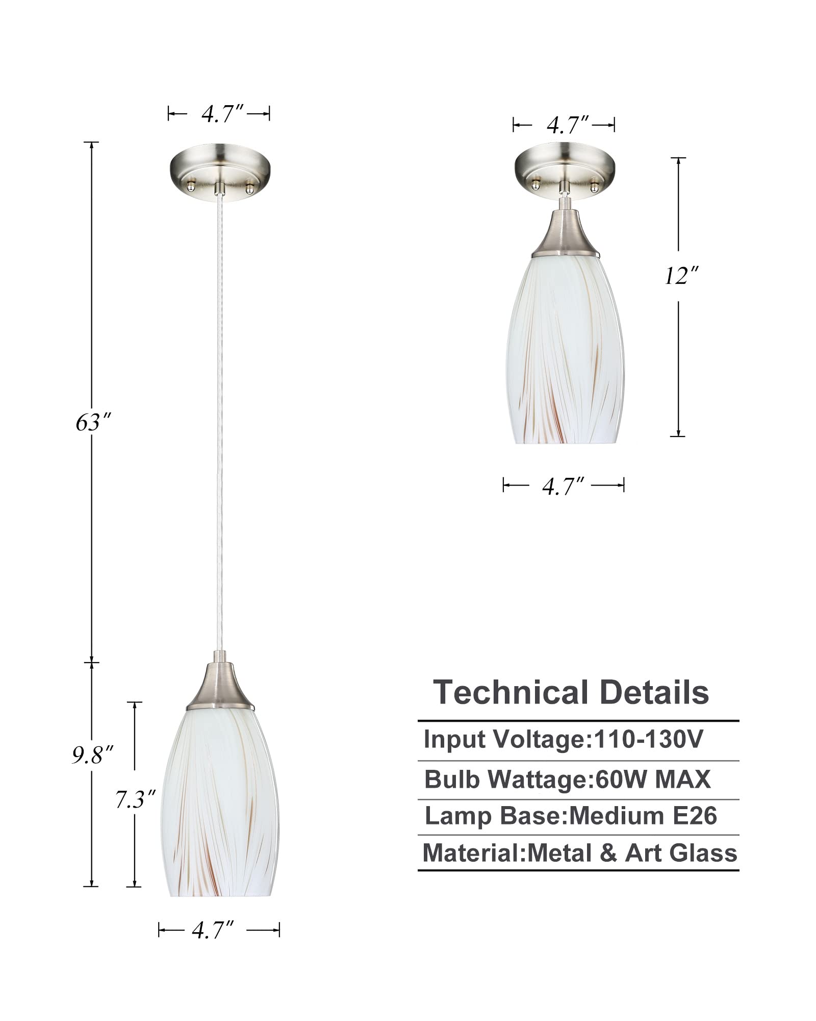 Mini Milk Glass Pendant Lights,Handcrafted Art Glass Pendant Hanging Light Fixtures With Brushed Nickel Finish Adjustable Cord Glass Pendant Light Shade For Kitchen Island,Hallway,Dining Room