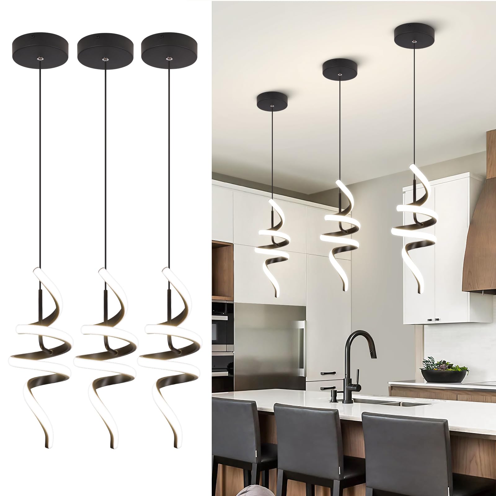 Sovinzert Modern Spiral LED Pendant Lights Kitchen Island  22W Adjustable Height Hanging Light Fixture 5500K Black Chandelier for Dining Room Cafe Table  3 Pack