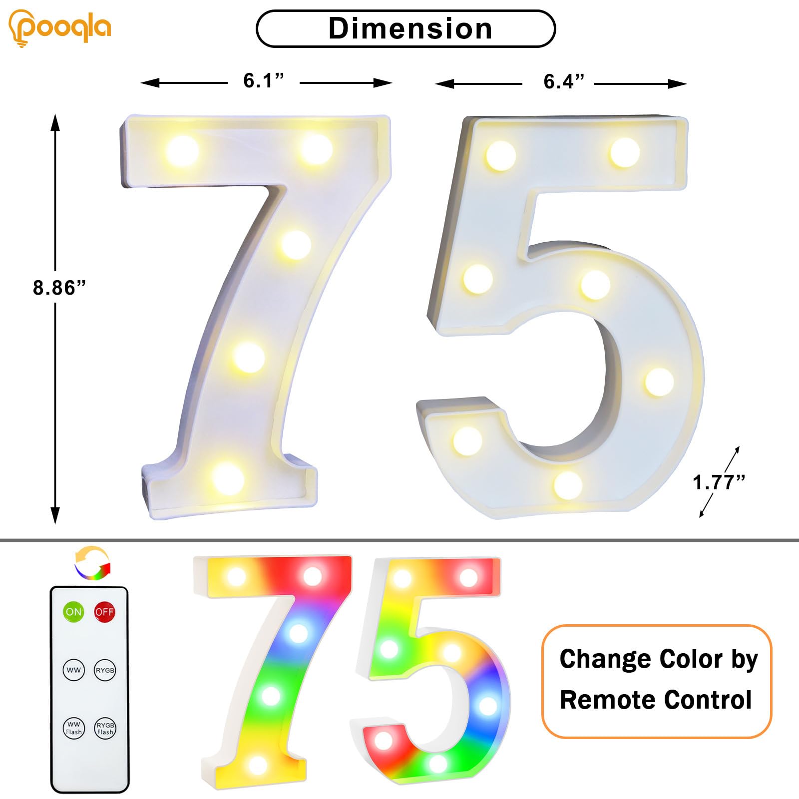 Pooqla 75Th Birthday Decoration For Her Him  Decorative Led Light Up Numbers  Marquee Numbers 75 Sign For Party Backdrop 75Th Wedding Anniversary Decor Gift  Warm White And Colorful Number 75