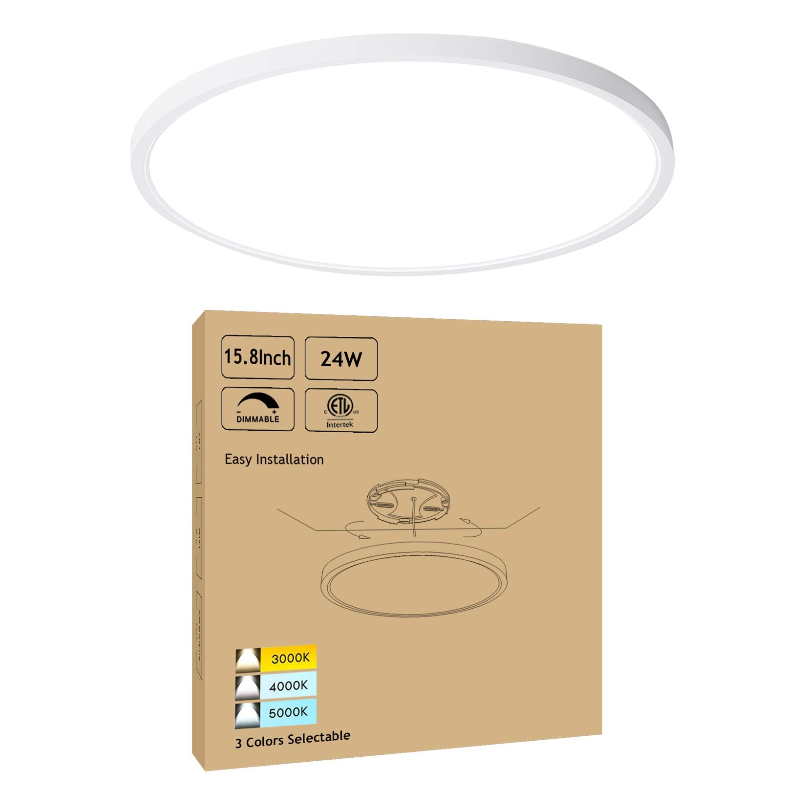 Cycevsun 15.8 Inch Dimmable Led Ceiling Light Flush Mount, Low Profile 24W 3000K-4000K-5000K 3 Color Temperature Selectable,120V
