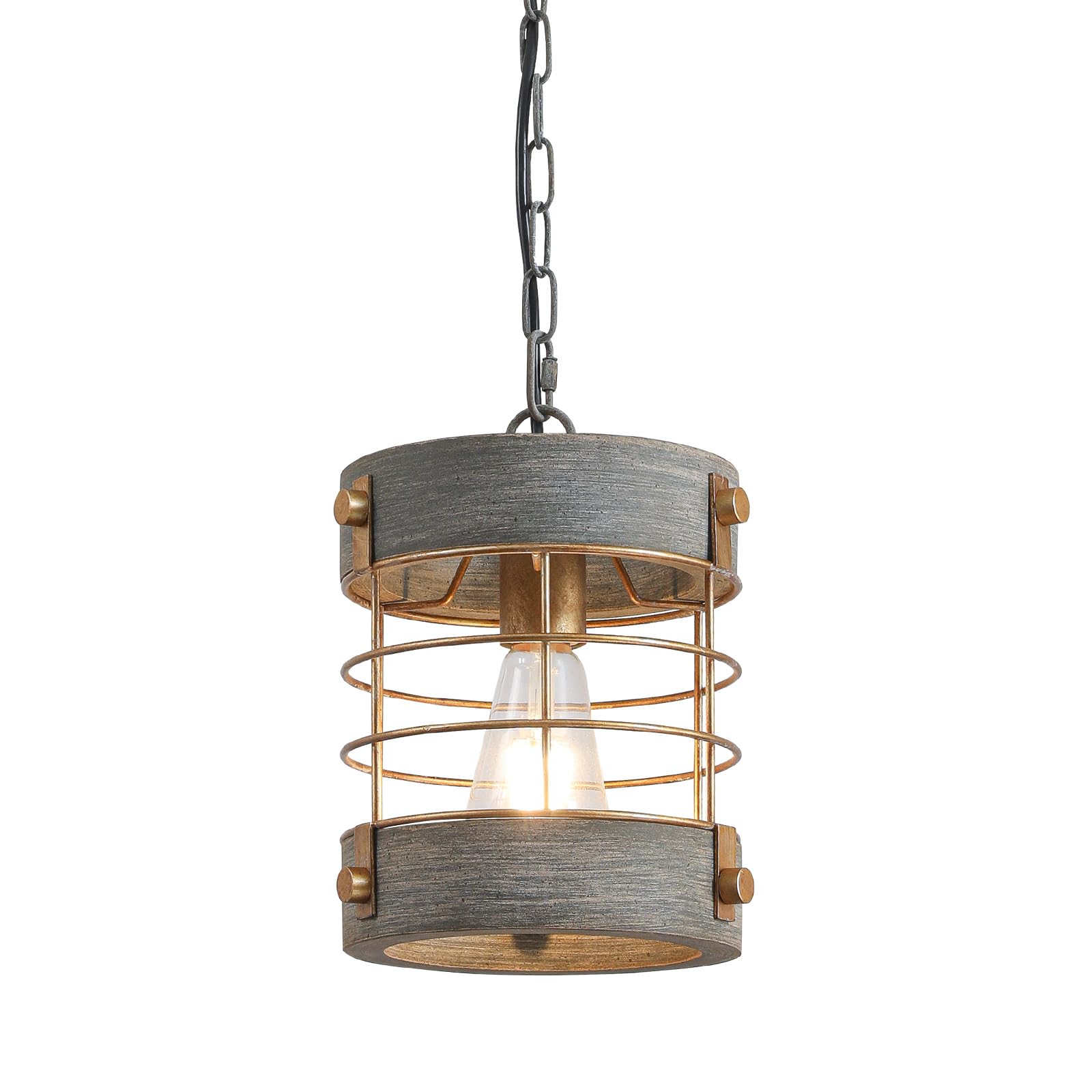 Wochos Retro Industrial Metal And Wood Chandelier 1-Light Round Cage Pendant Light Fixture For Kitchen Island Foyer Hallway Bar 