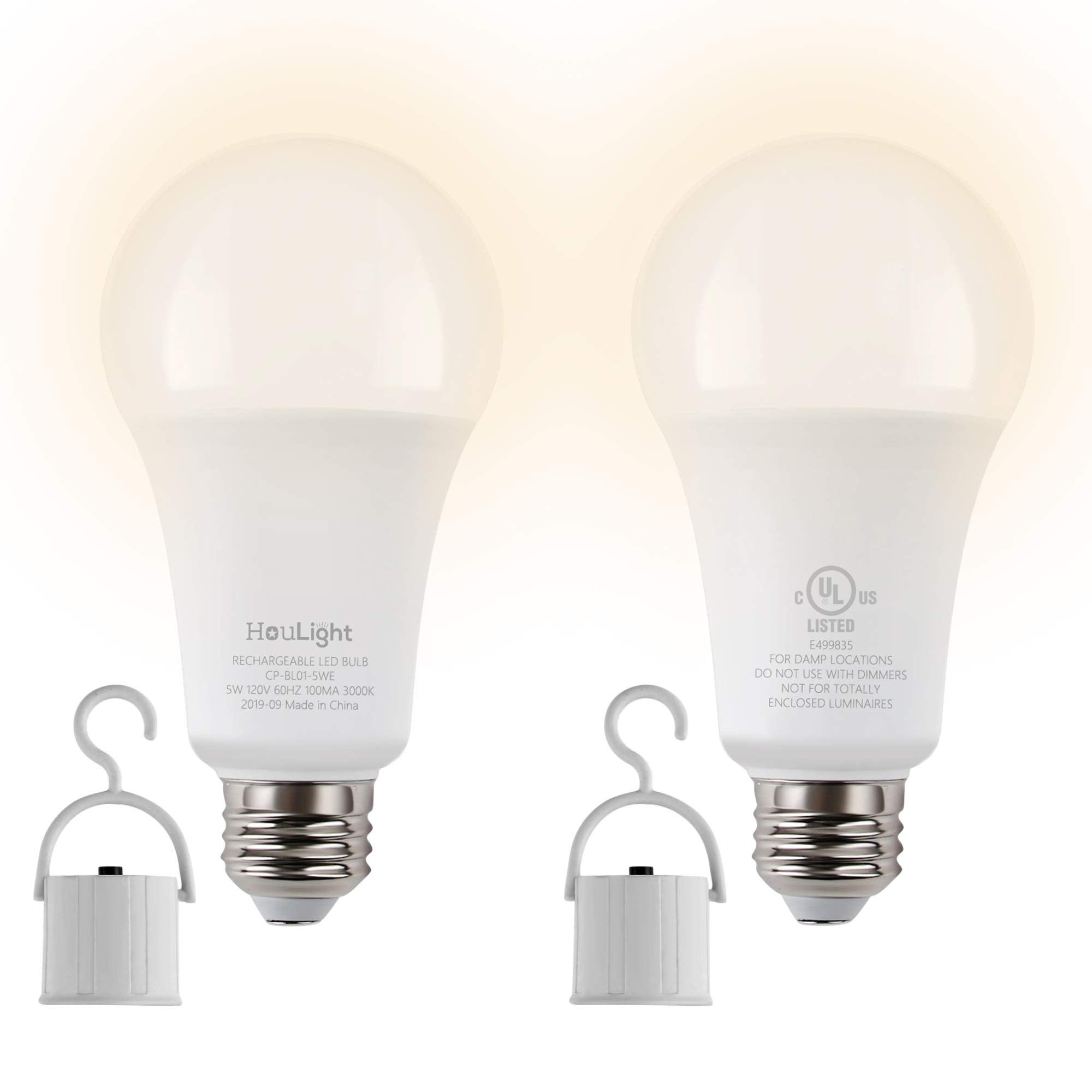 HouLight Rechargeable Emergency LED Light Bulbs, 5W, 3000K Warm White, 2-Pack, UL Certified, Metal, for Power Outages and Camping