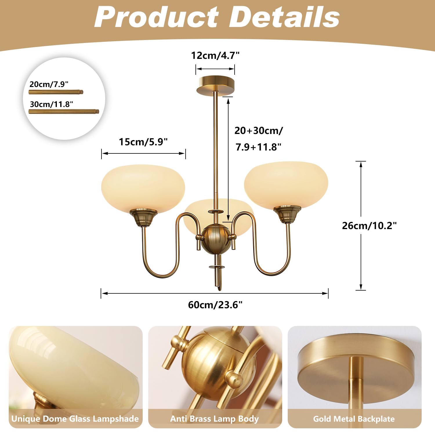 Flyrose 3-Lights Mid Century Modern Gold Chandelier Pendant Light Fixture White Milk Glass Pendant Light Brass Sputnik Chandelie