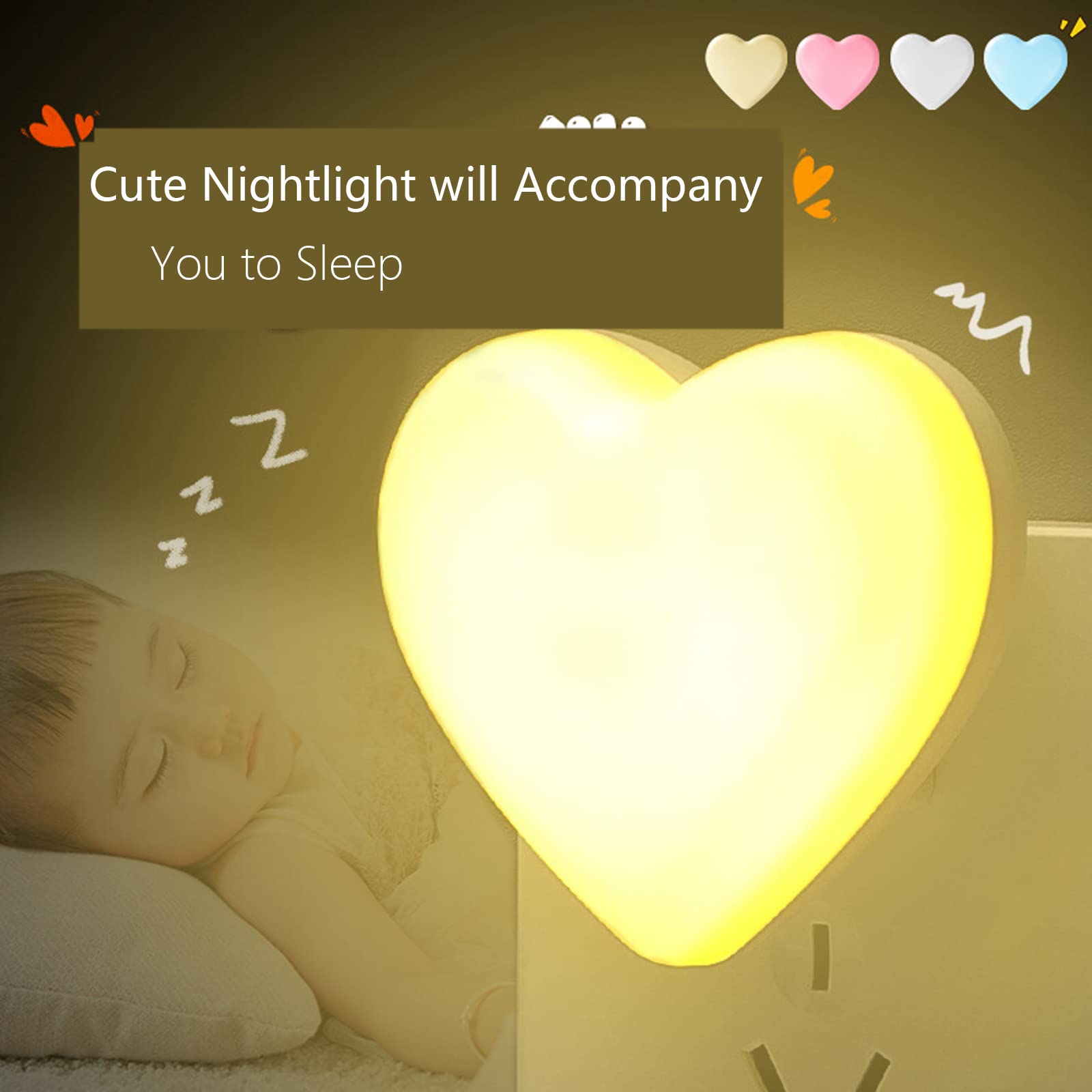 Cute Night Lights, Heart Shape Nursery Nightlight With Light Sensors, Auto Dusk To Dawn Sensor, Soft Warm White, Ideal Nightligh