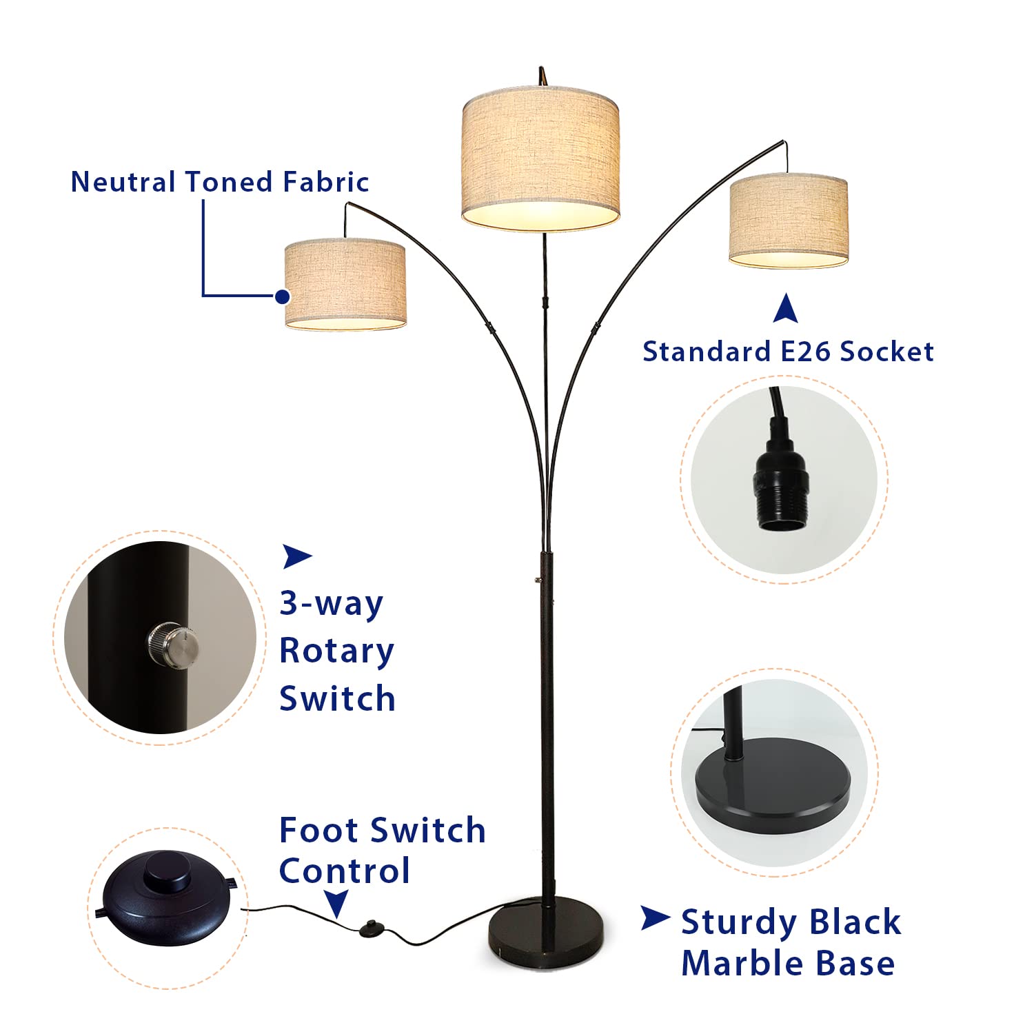 DINGLILIGHTING DLLT 3-Light Arc Floor Lamp, Modern Iron & Fabric, 79" Tall, Black, E26 Base, 3-Way Switch, 9W Bul