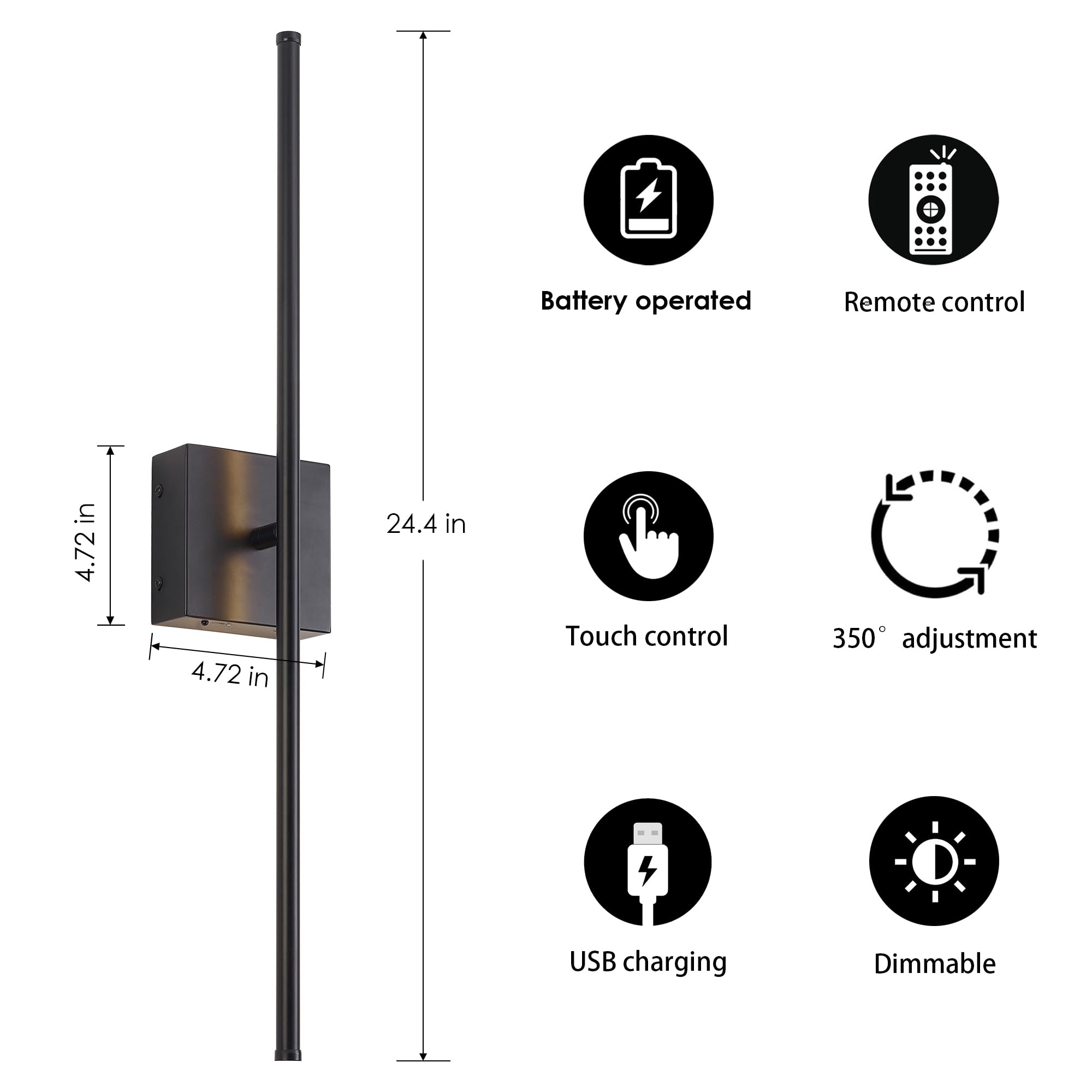KARTOOSH Battery Operated Wall Sconces Set of Two, Dimmable, 3000K LED, 24.4 Inch, Black, Model ZM210BBL60