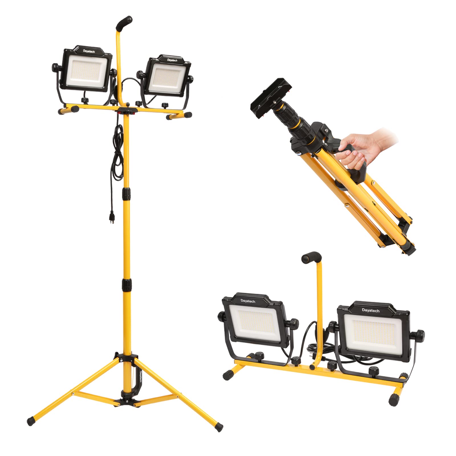 DAYATECH 180W Dual-Head LED Work Light, 20000 Lumen, 4 Brightness Levels, IP65 Waterproof, Yellow, Standard Size, Tripod Stand