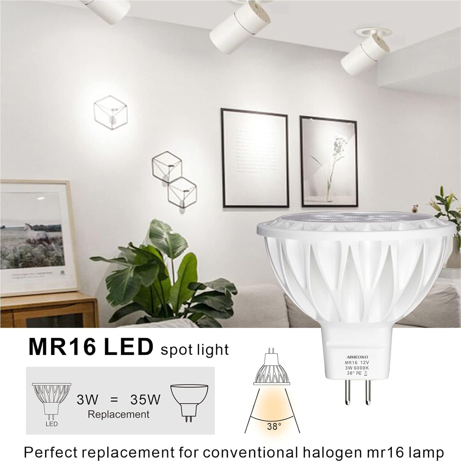 Aimeoko Mr16 Led Bulb Light Bulbs 6 Pack, 3W (35W Halogen Equivalent) 6000K Daylight Cool White Gu5.3 Base 12V Spotlight 38 Deg