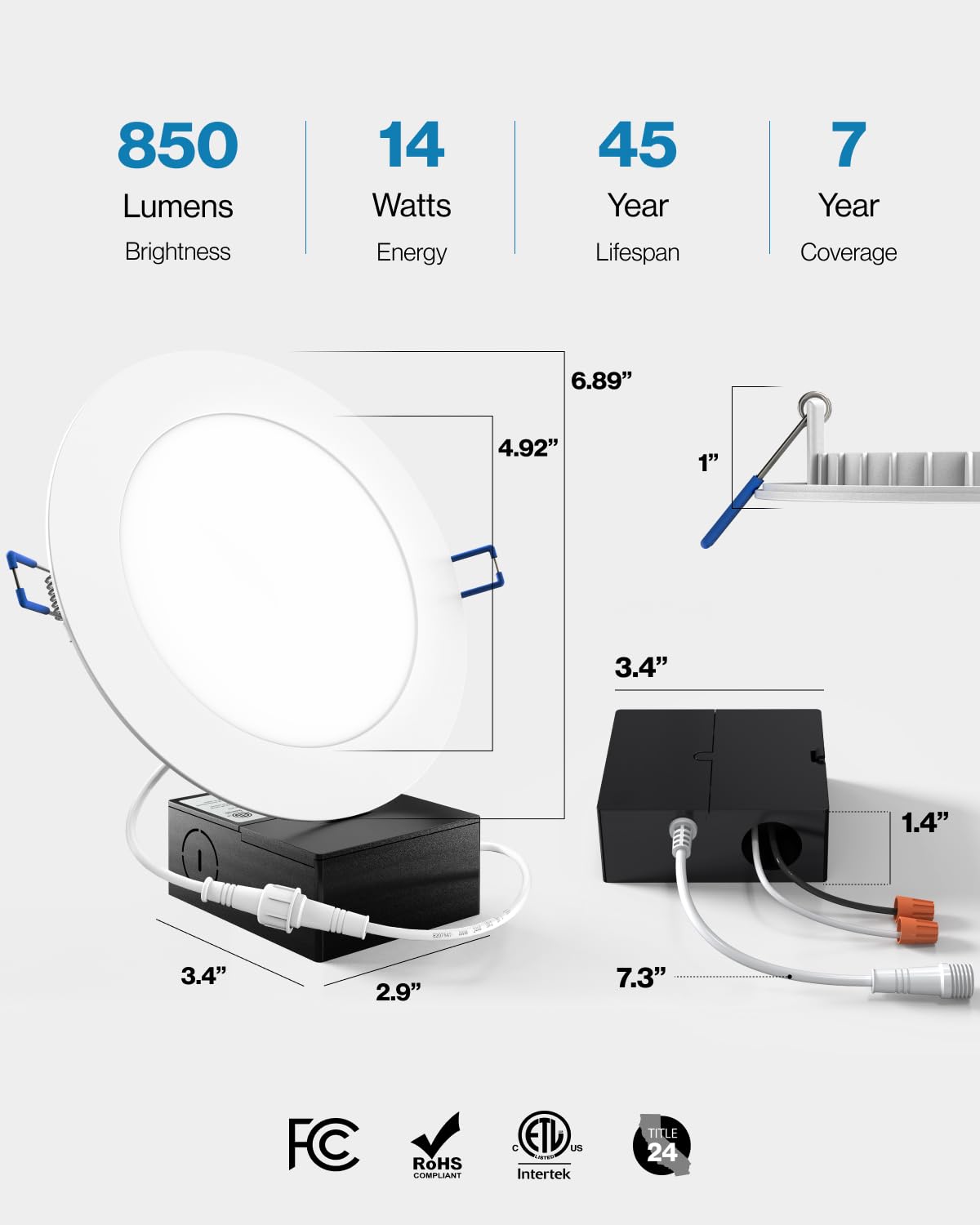 Sunco 6 Pack Recessed Lighting 6 Inch LED, Canless Ceiling Lights Slim with Junction Box, 850 LM, 14W (100W Equivalent), 3000K W