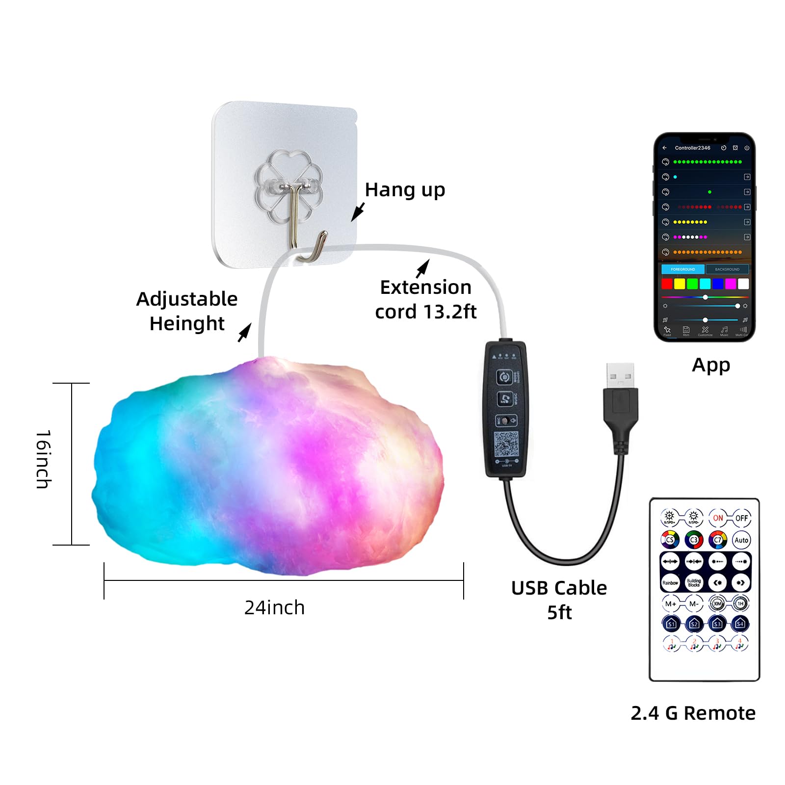FLAGTOP LED Cloud Light, RGB, 24x16in, Remote & App Control, Model NLT-0001, Ideal for Bedroom & Kids Room Décor