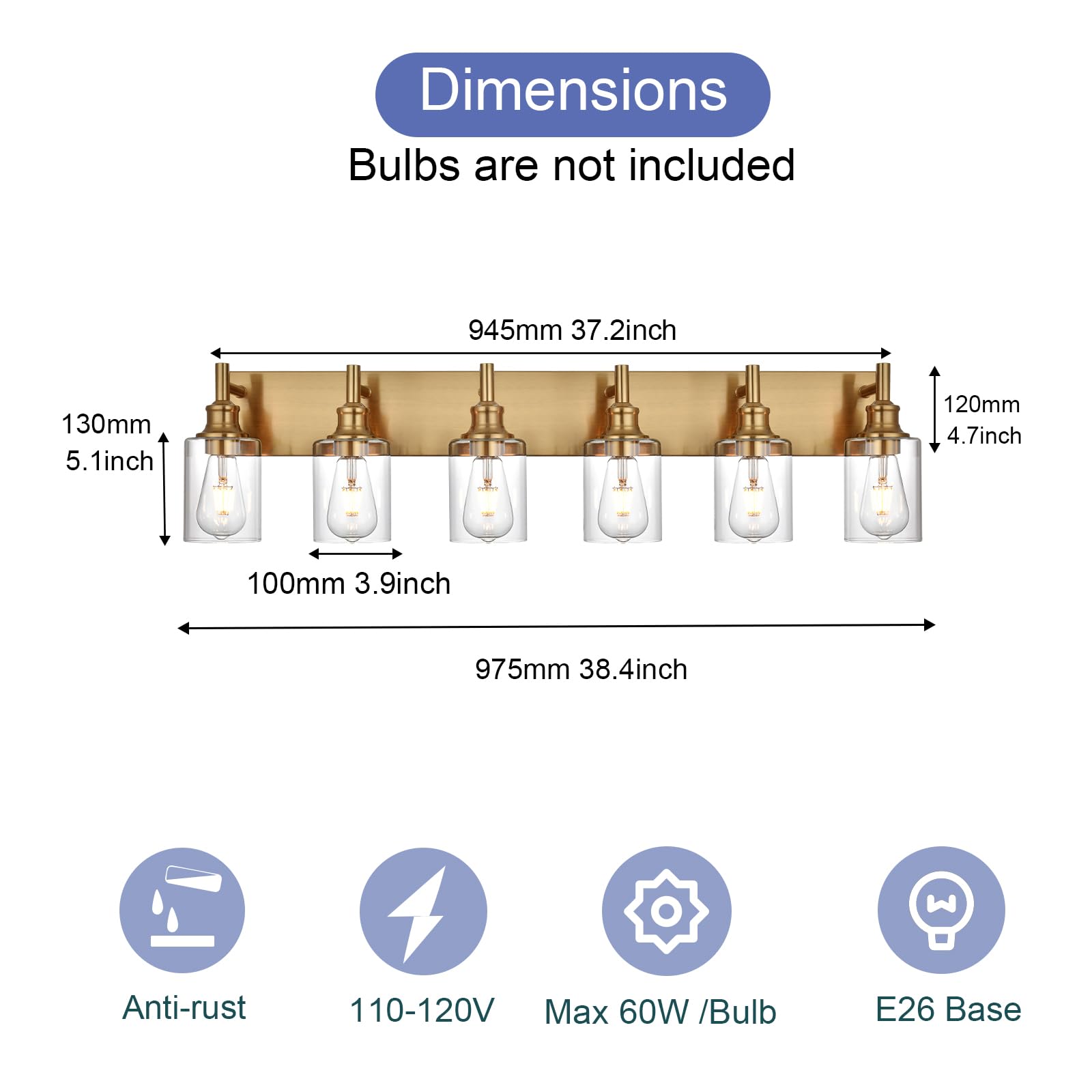 Wanluce 6 Light Vintage Brushed Brass Bathroom Lighting Fixtures Over Mirror With Clear Glass Shades, Farmhouse Wall Sconces Lig