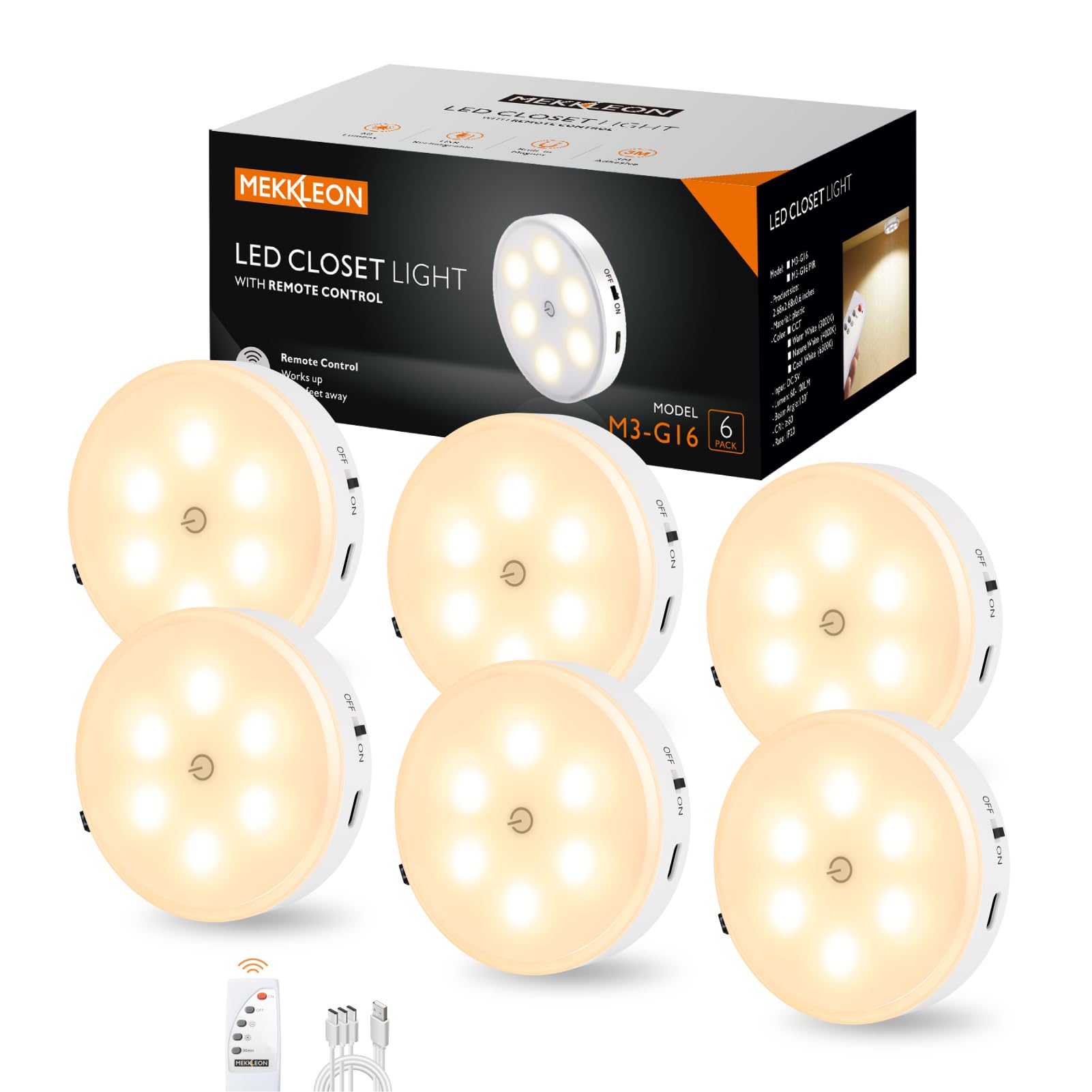 Puck Lights with Remote Control,1000mAh rechargeable under cabinet lighting,LED Closet Lights,3Pack Tap Light,Cordless Stick On 
