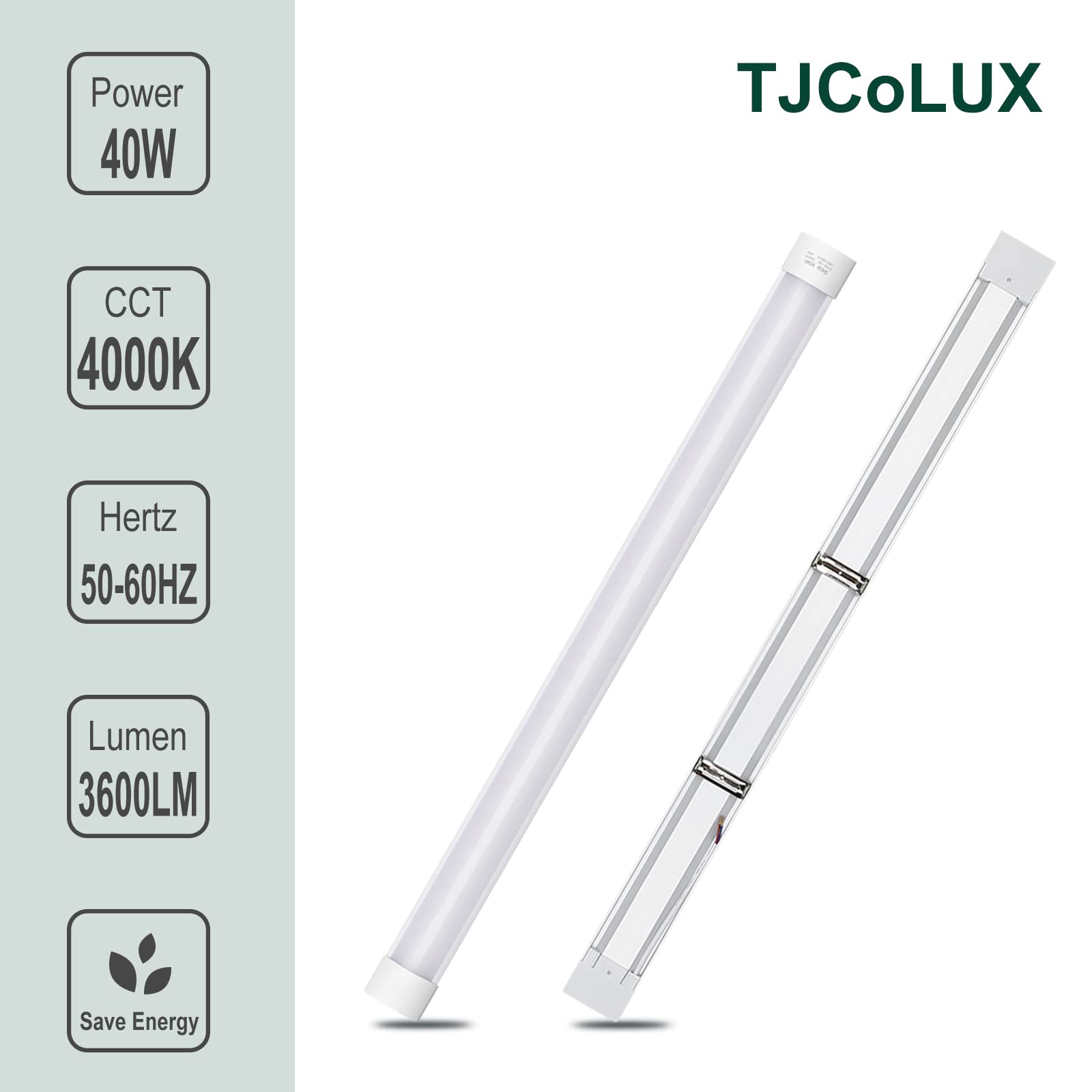 colmeguna 4FT LED Batten Light, 40W, 4000K Daylight, Slim Ceiling Fixture, Plastic, 2 Pack, Model IP20-US-120