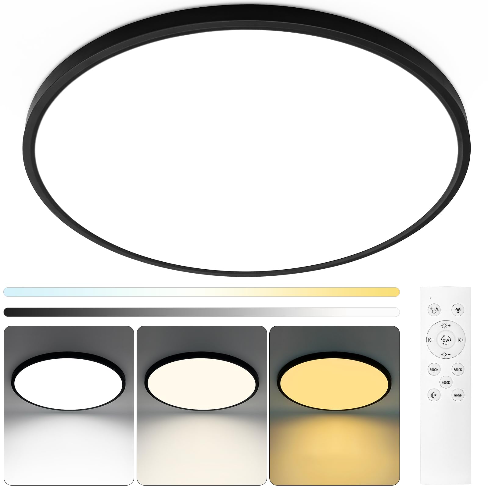 Glowall 20 Inch Black Led Ceiling Light, Dimmable With Remote Control, Modern, Ultra Thin Flush Mount, Round Light Fixtures, 48W, 4800 Lumen, For Bedroom, Living Room, Kitchen, Dining Room