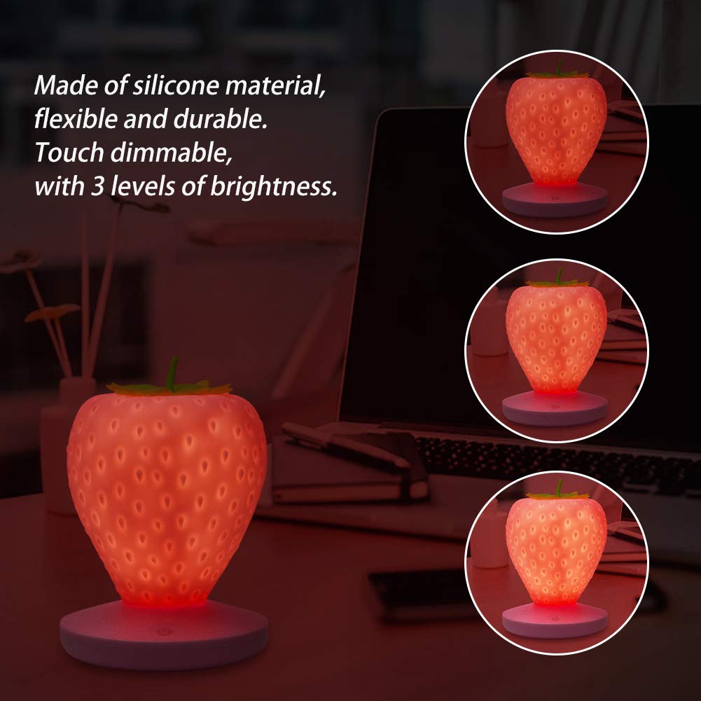 LVOERTUIG Strawberry Night Light - Silicone LED Lamp, Color Changing, Touch Control, Pink, Free Size, Model 16076731057347