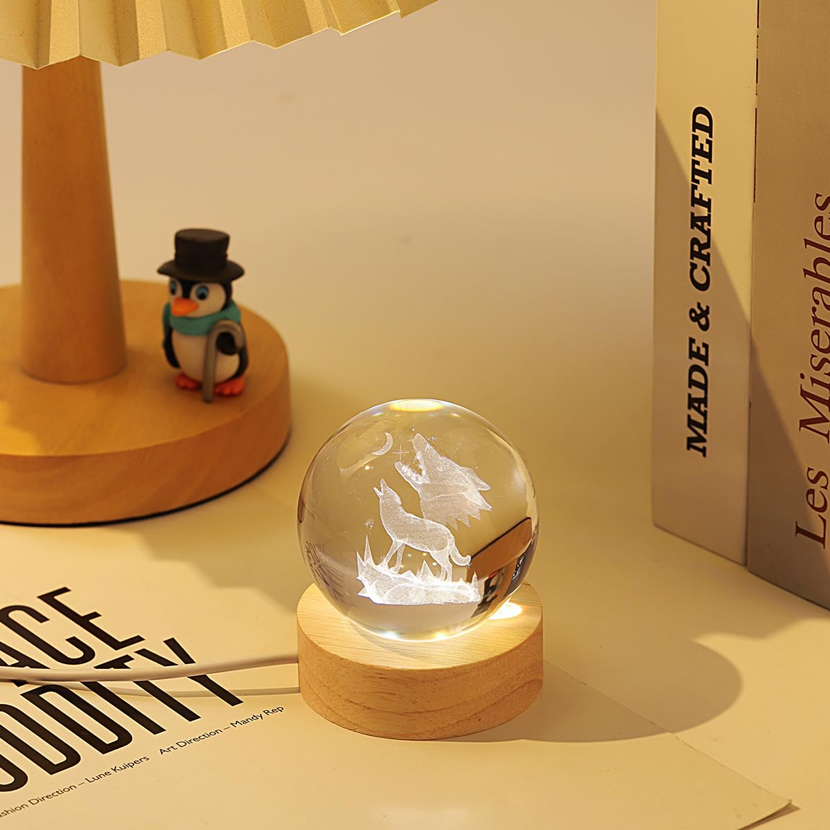 hochance 3D Wolf Crystal Ball Lamp, LED Night Light with Adjustable Brightness, 6cm, Wooden Base, Home Decor for Kids and Adults